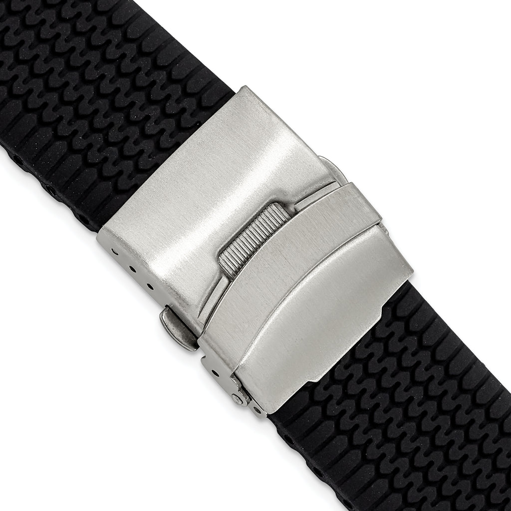 Black Tread Silicone Watch Band with Stainless Steel Buckle, 22mm