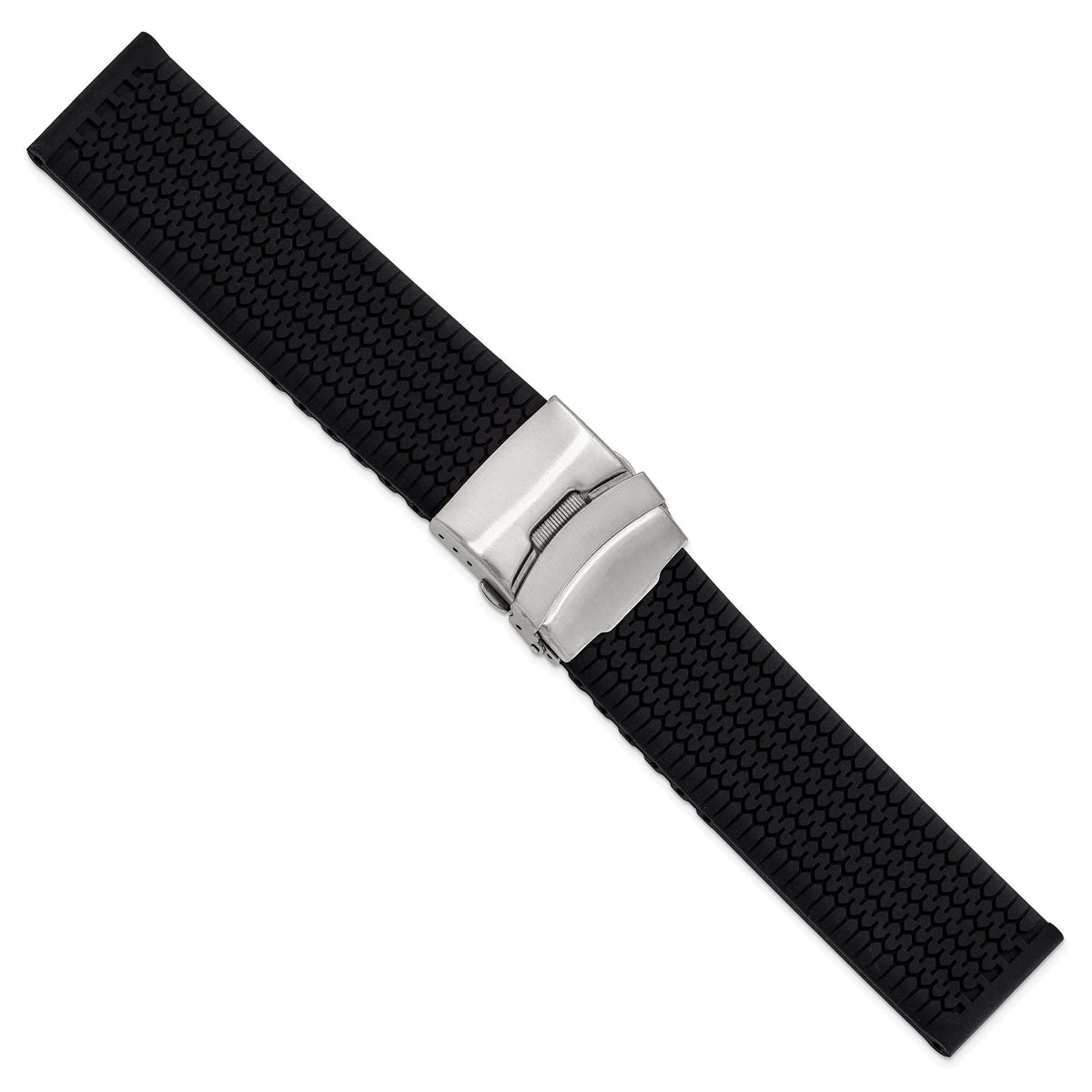 DeBeer 24mm Black Tread Design Silicone Rubber with Brushed Stainless Steel Deployment Buckle 7.25 inch Watch Band