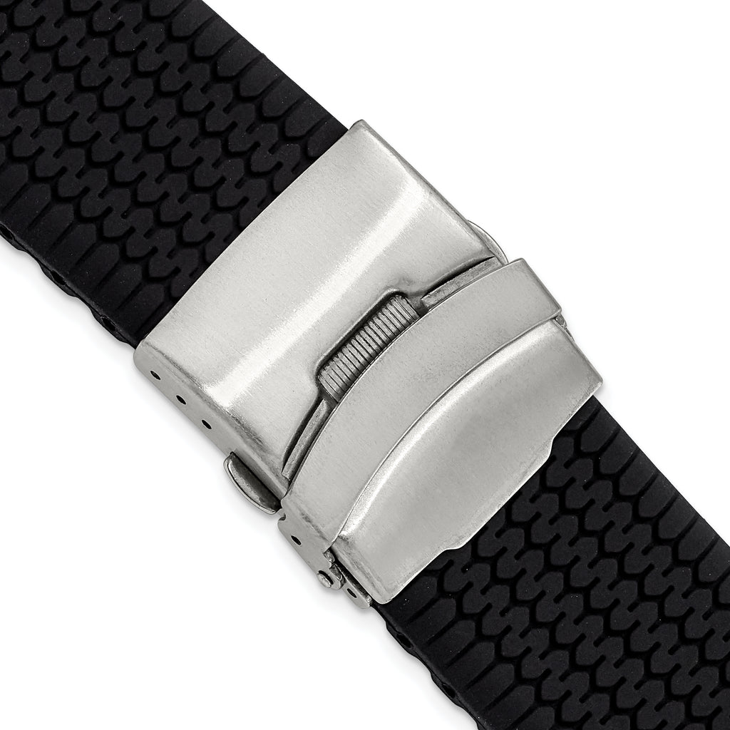 Black Tread Silicone Watch Band with Stainless Steel Buckle, 22mm