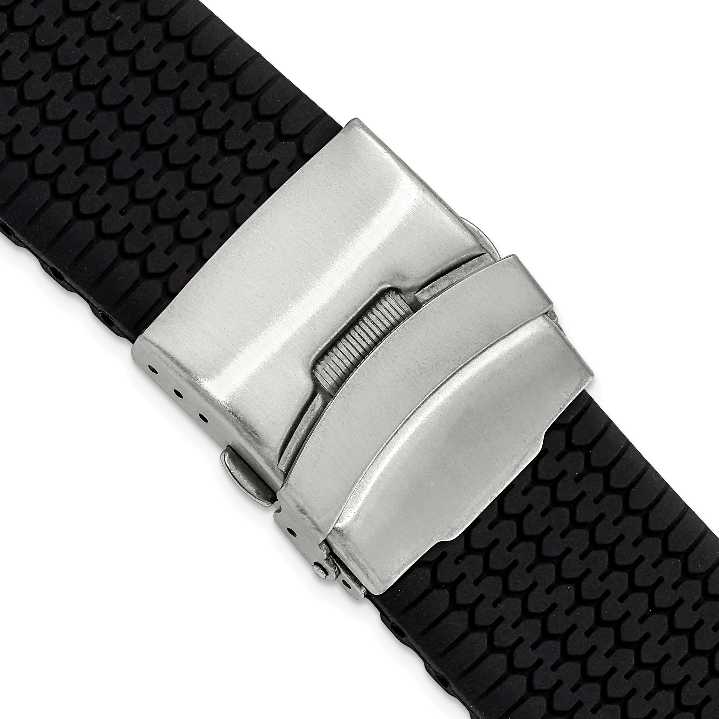 Black Tread Silicone Watch Band with Stainless Steel Buckle, 22mm