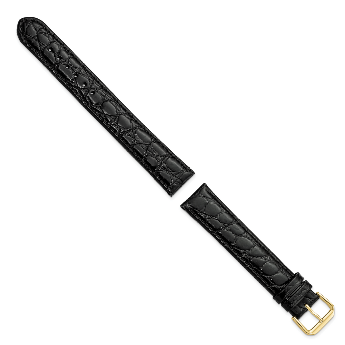 DeBeer 19mm Extra Long Black Alligator Grain Leather with Gold-tone Buckle 9.5 inch Watch Band