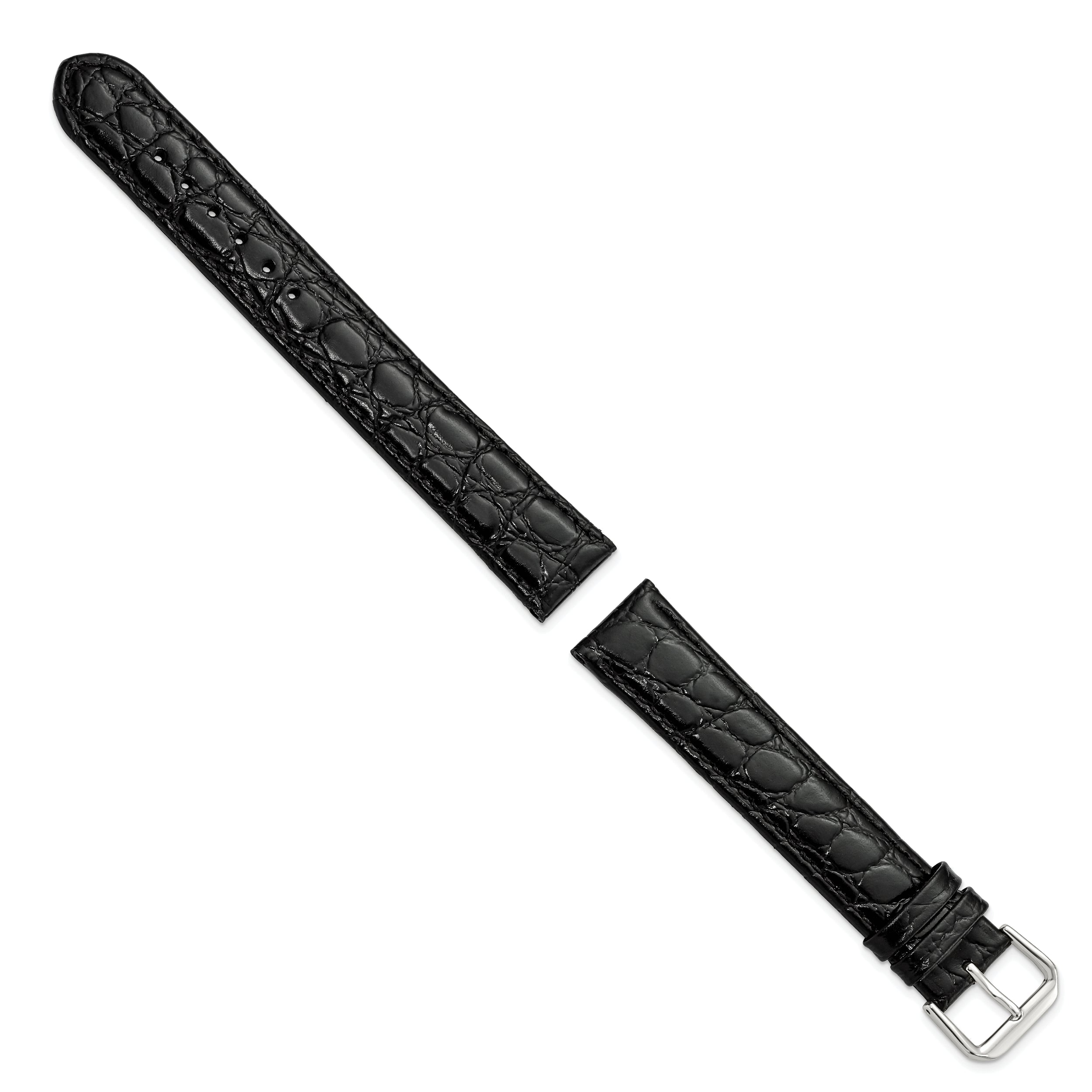 19mm Extra Long Black Alligator Grain Leather Silver-tone Buckle 9.5 inch Watch Band