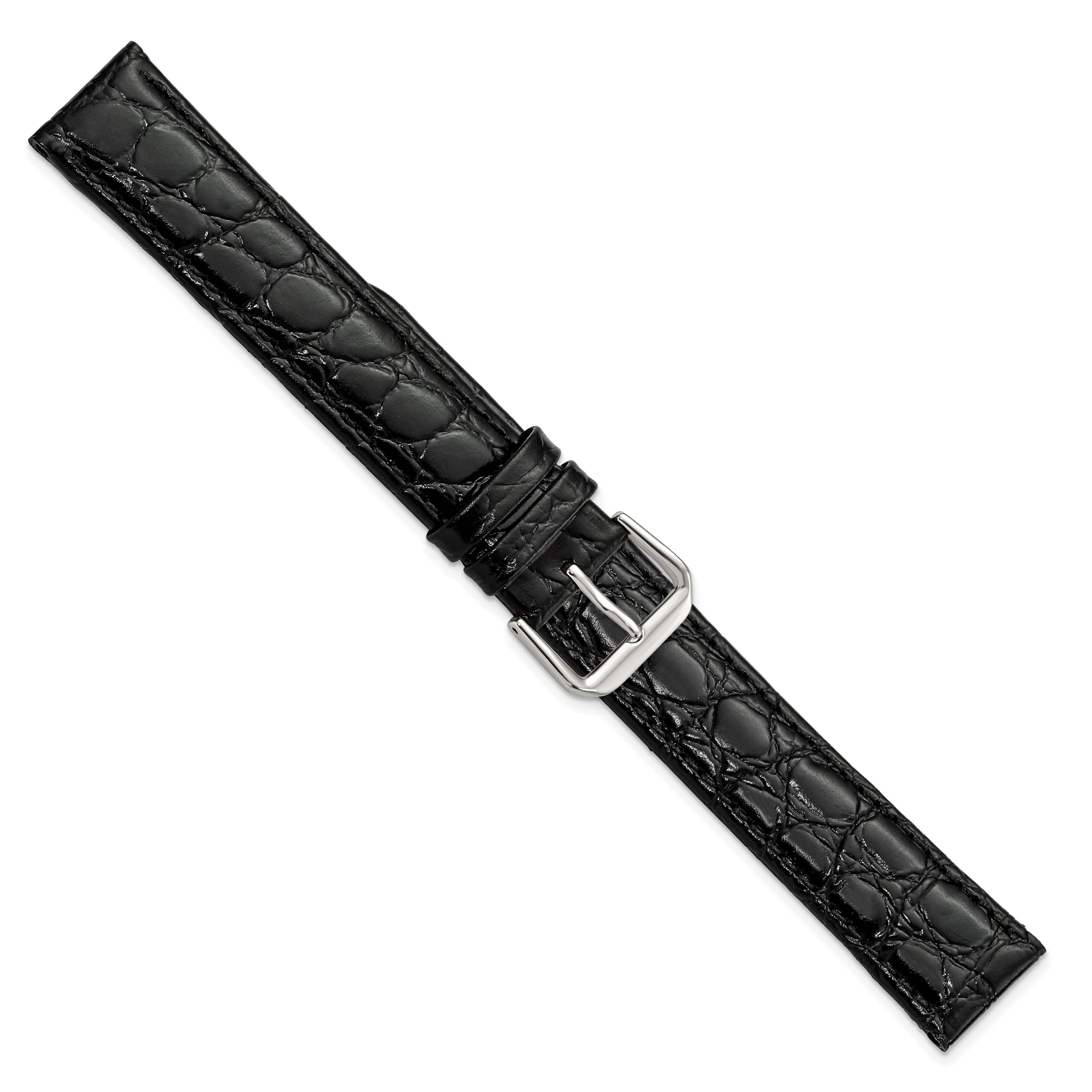 19mm Extra Long Black Alligator Grain Leather Silver-tone Buckle 9.5 inch Watch Band