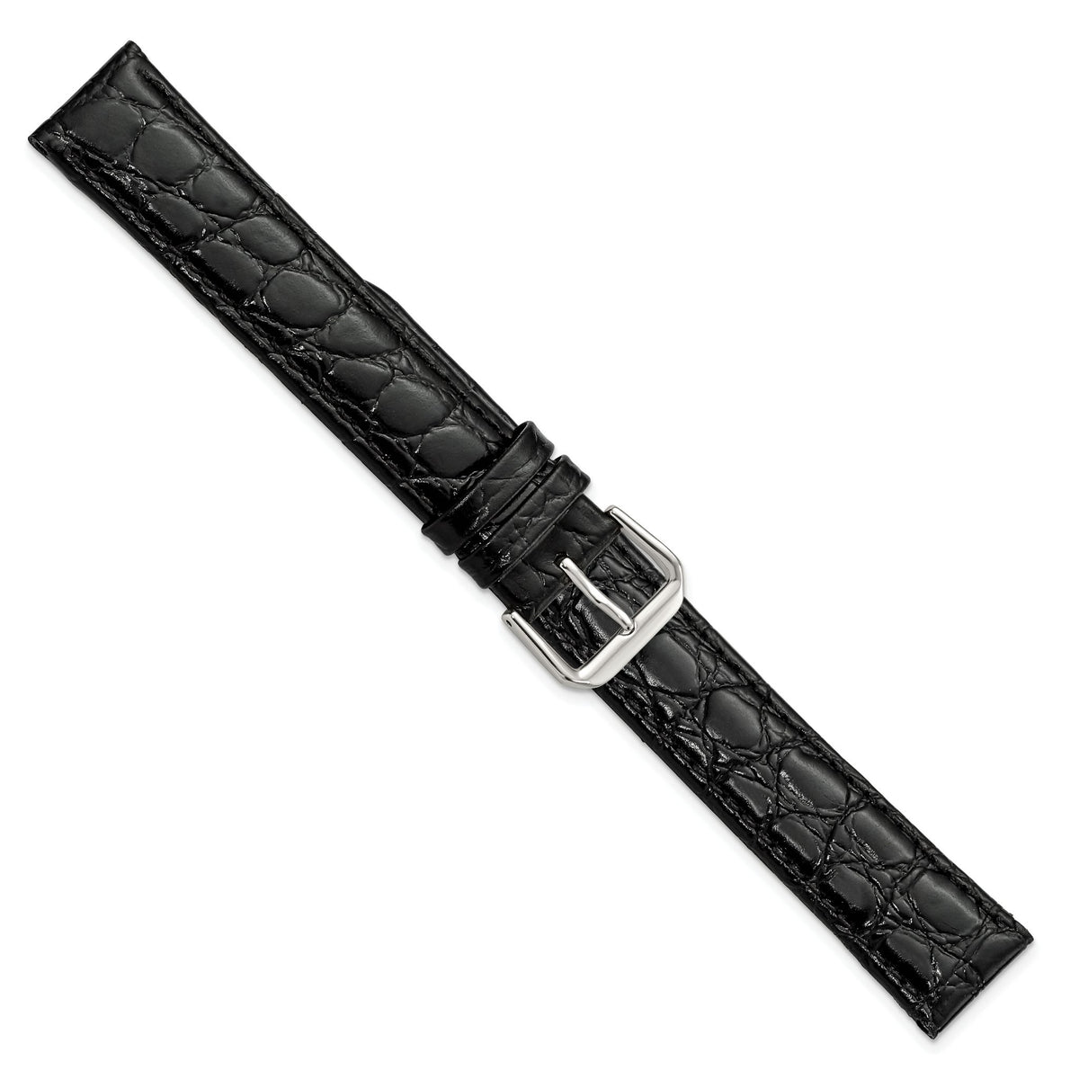 DeBeer 19mm Extra Long Black Alligator Grain Leather Silver-tone Buckle 9.5 inch Watch Band