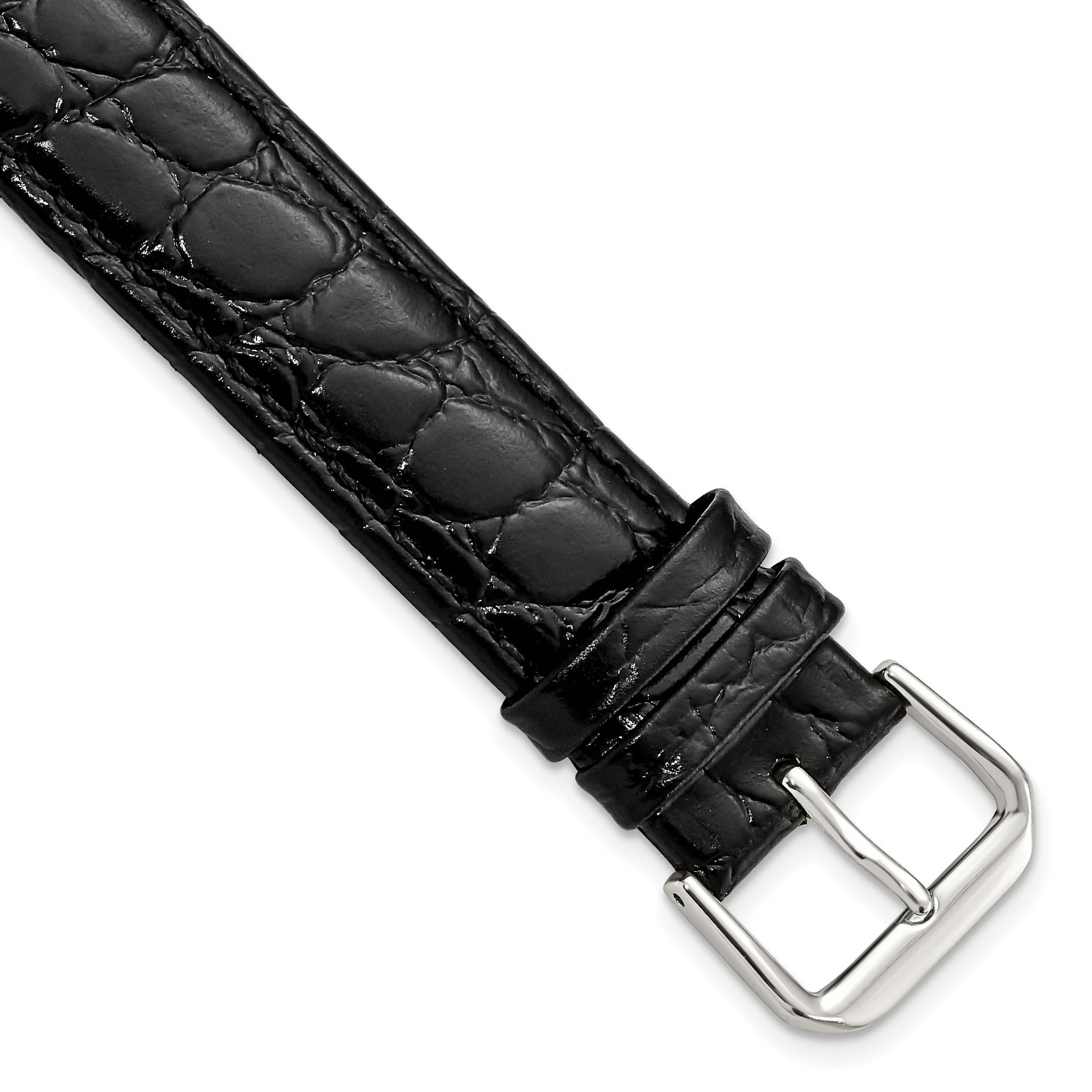 19mm Extra Long Black Alligator Grain Leather Silver-tone Buckle 9.5 inch Watch Band
