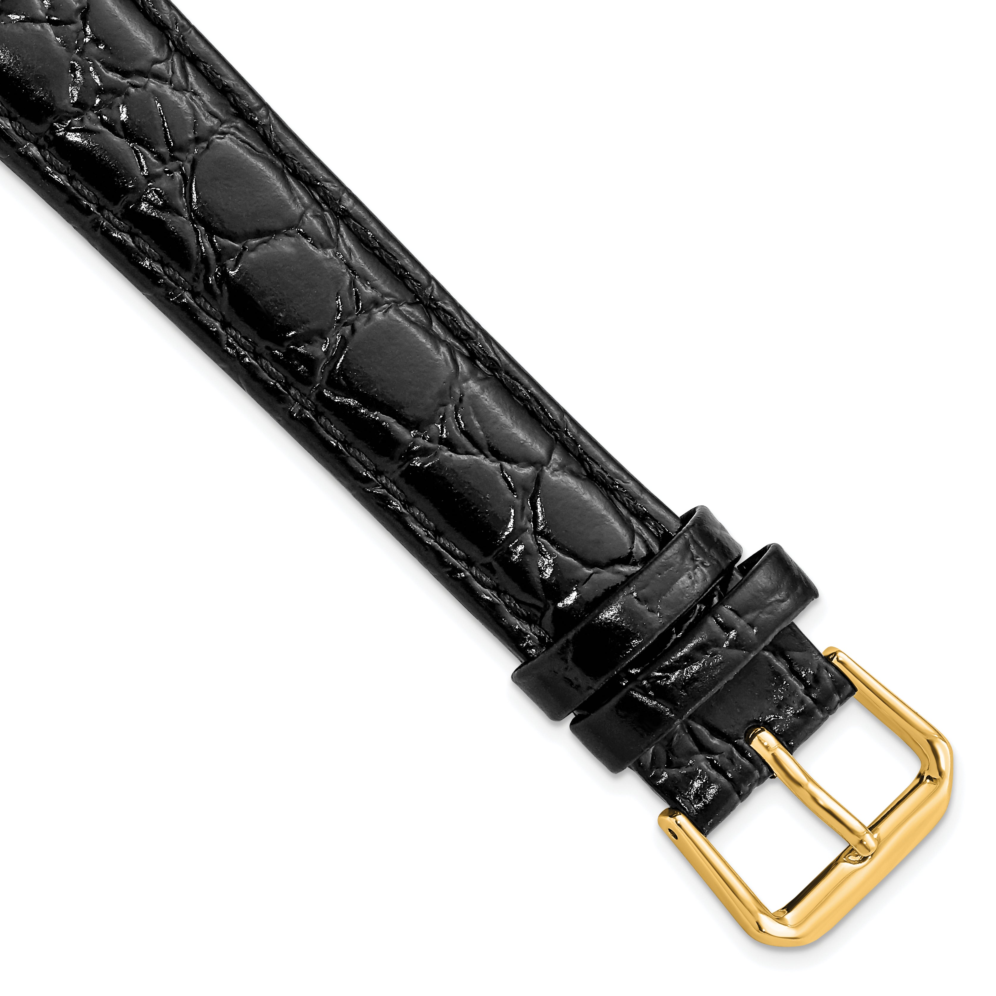 16mm Long Black Alligator Grain Leather with Gold-tone Buckle 8.5 inch Watch Band