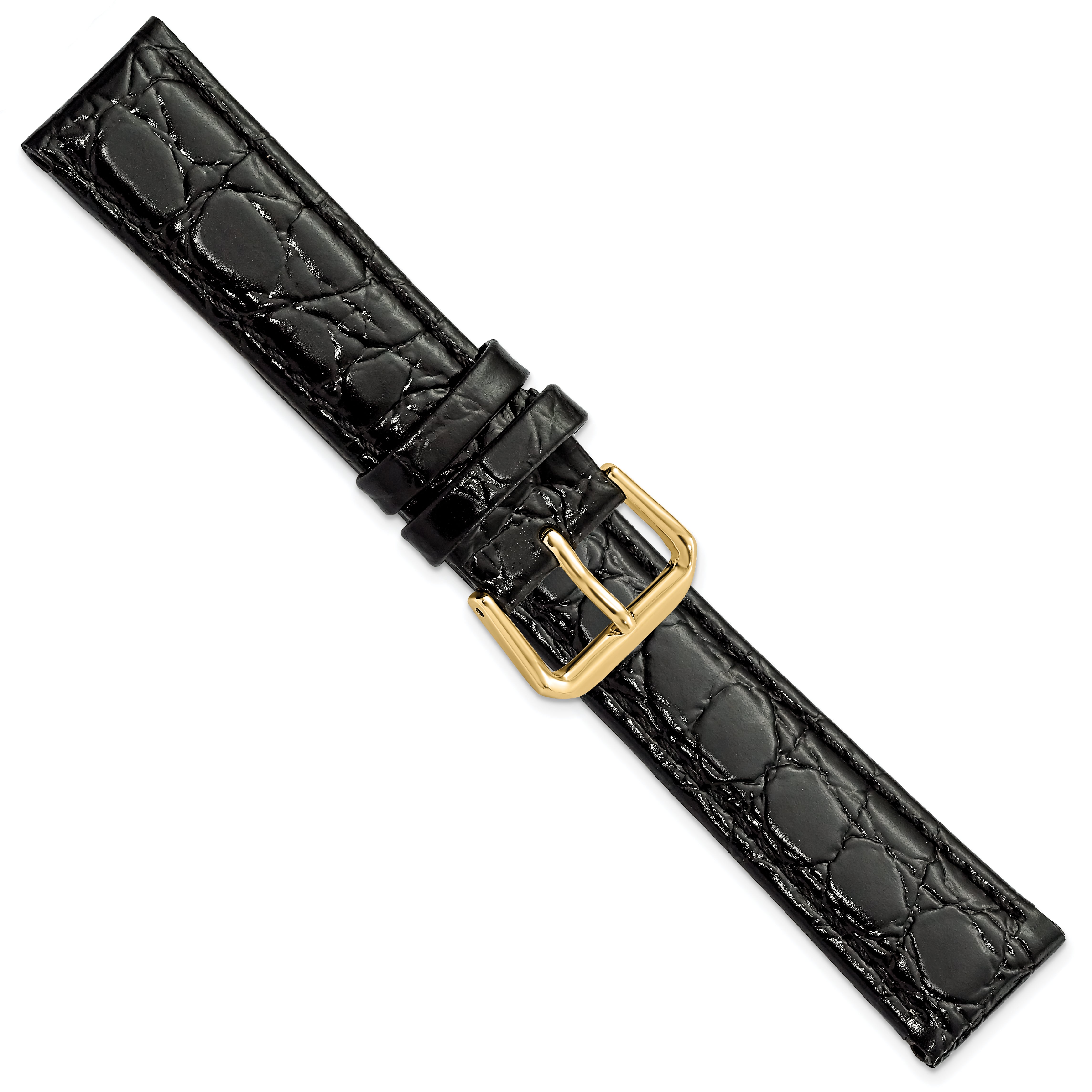 18mm Short Black Alligator Grain Leather with Gold-tone Buckle 6.75 inch Watch Band