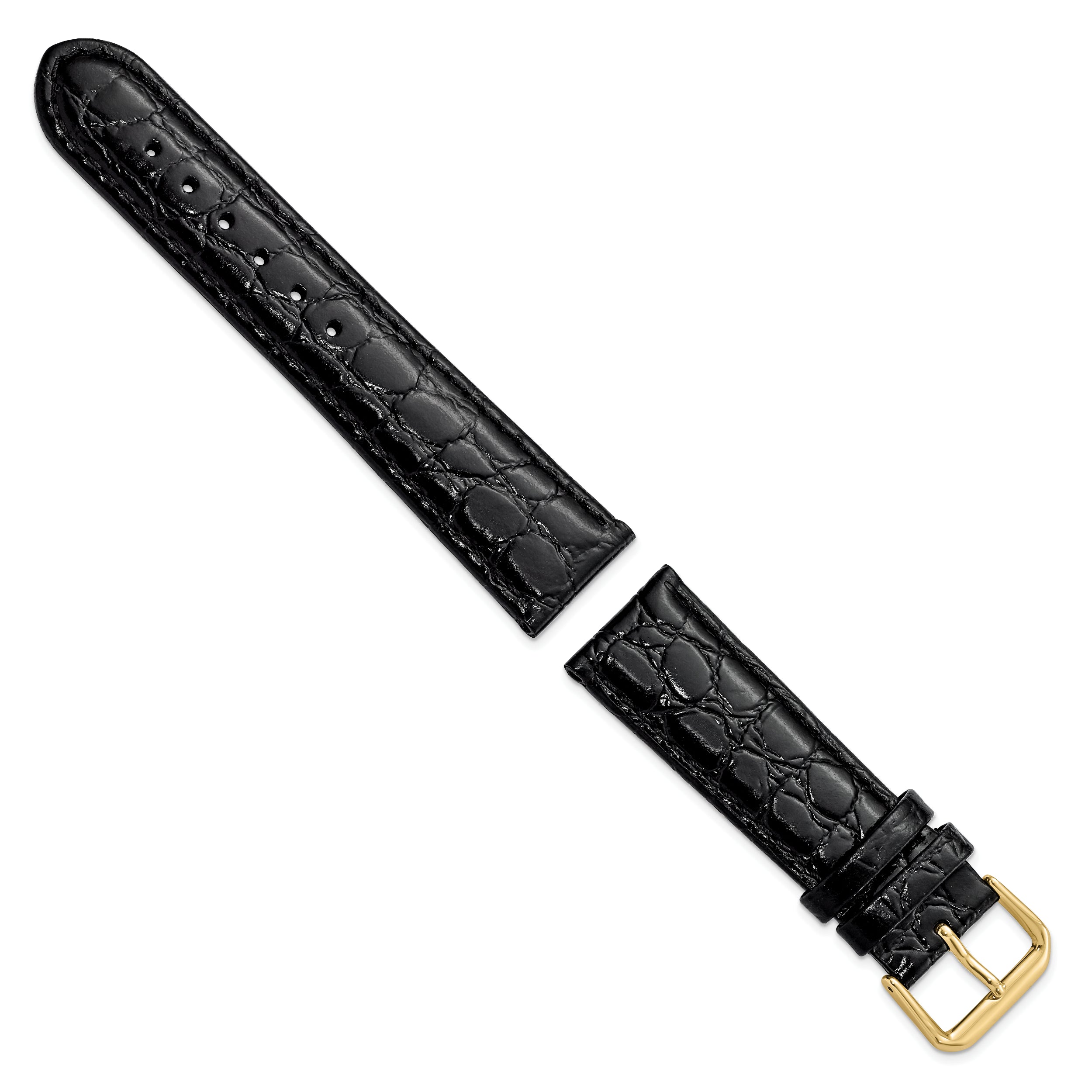 20mm Short Black Alligator Grain Leather with Gold-tone Buckle 6.75 inch Watch Band