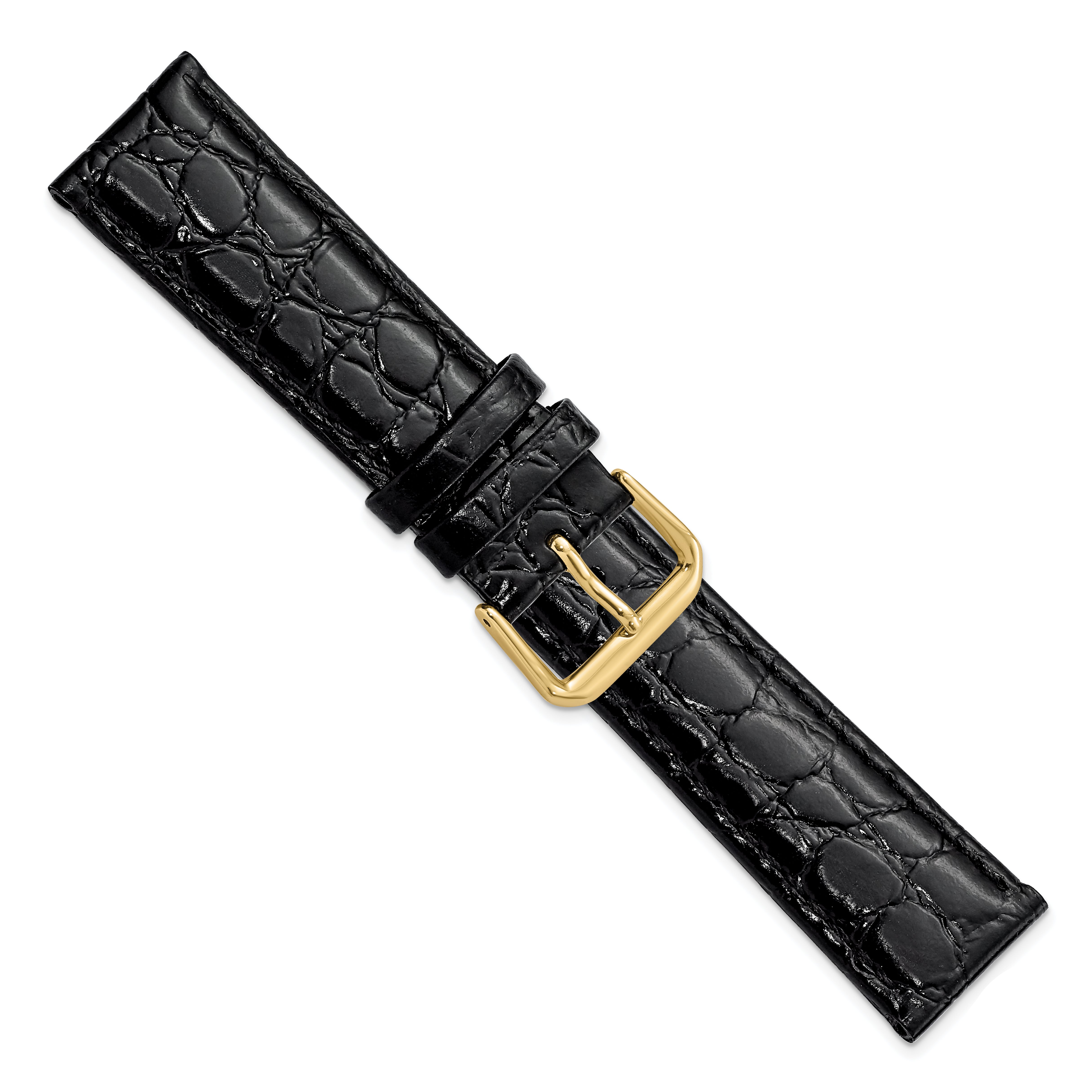 20mm Short Black Alligator Grain Leather with Gold-tone Buckle 6.75 inch Watch Band