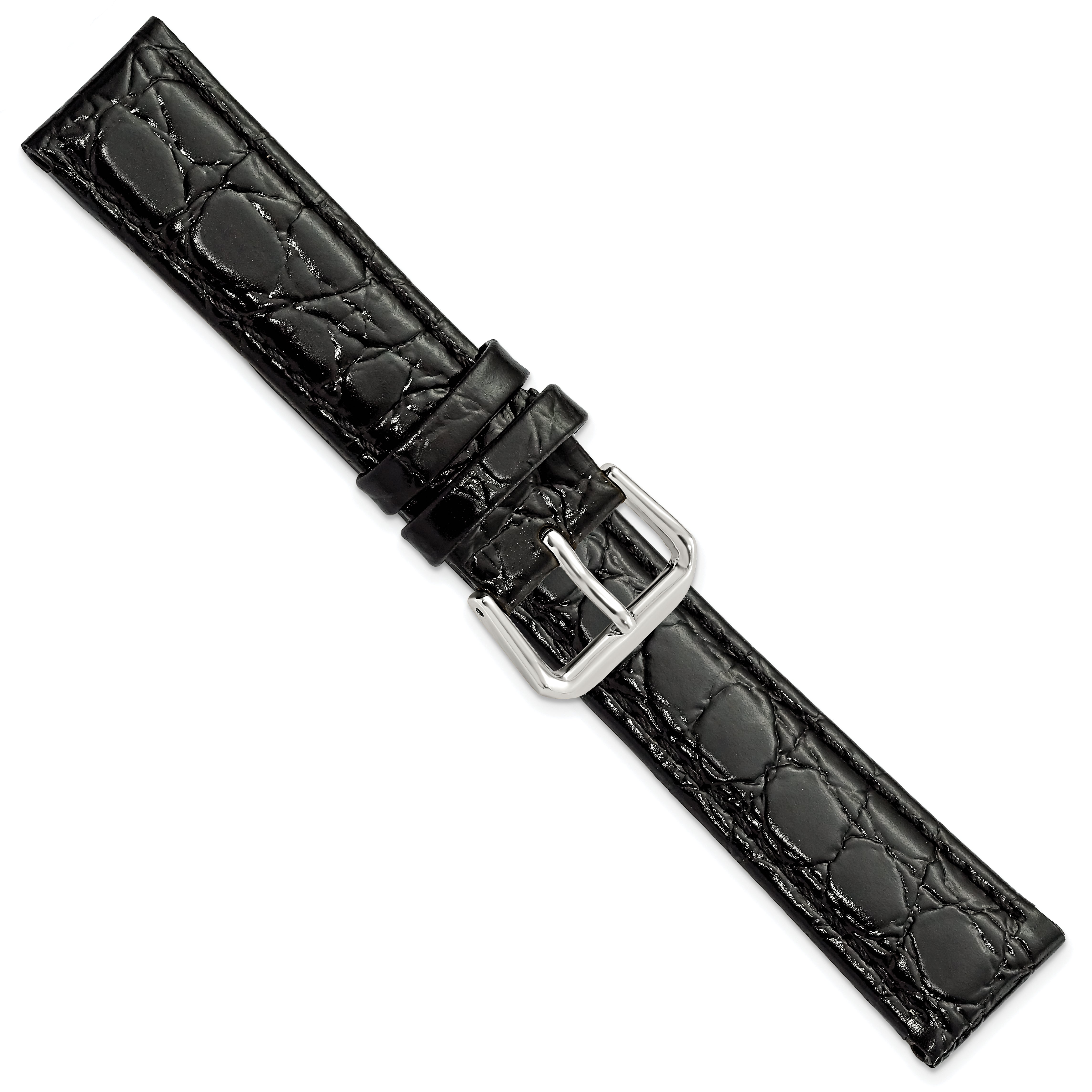 18mm Short Black Alligator Grain Leather with Silver-tone Buckle 6.75 inch Watch Band