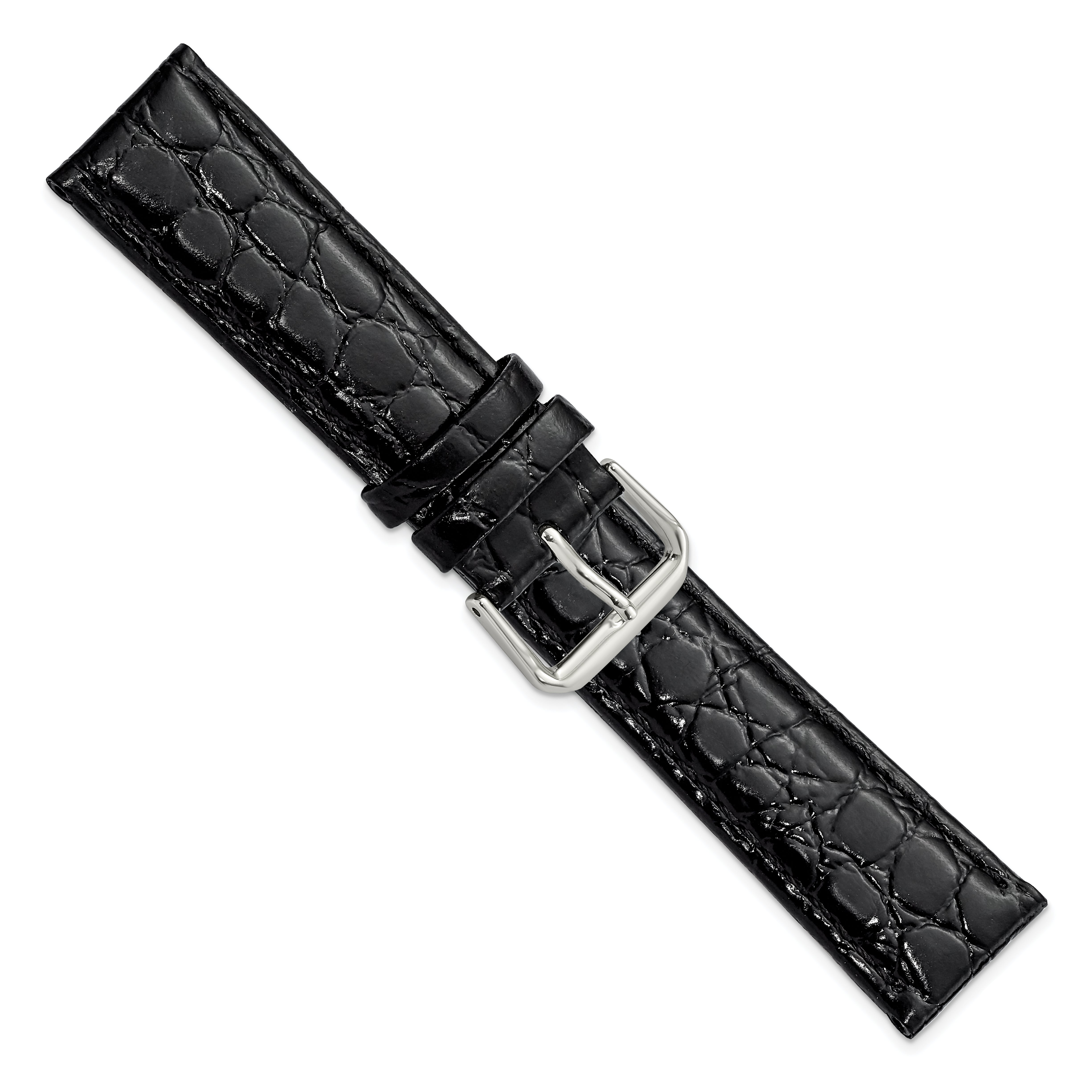 20mm Short Black Alligator Grain Leather with Silver-tone Buckle 6.75 inch Watch Band