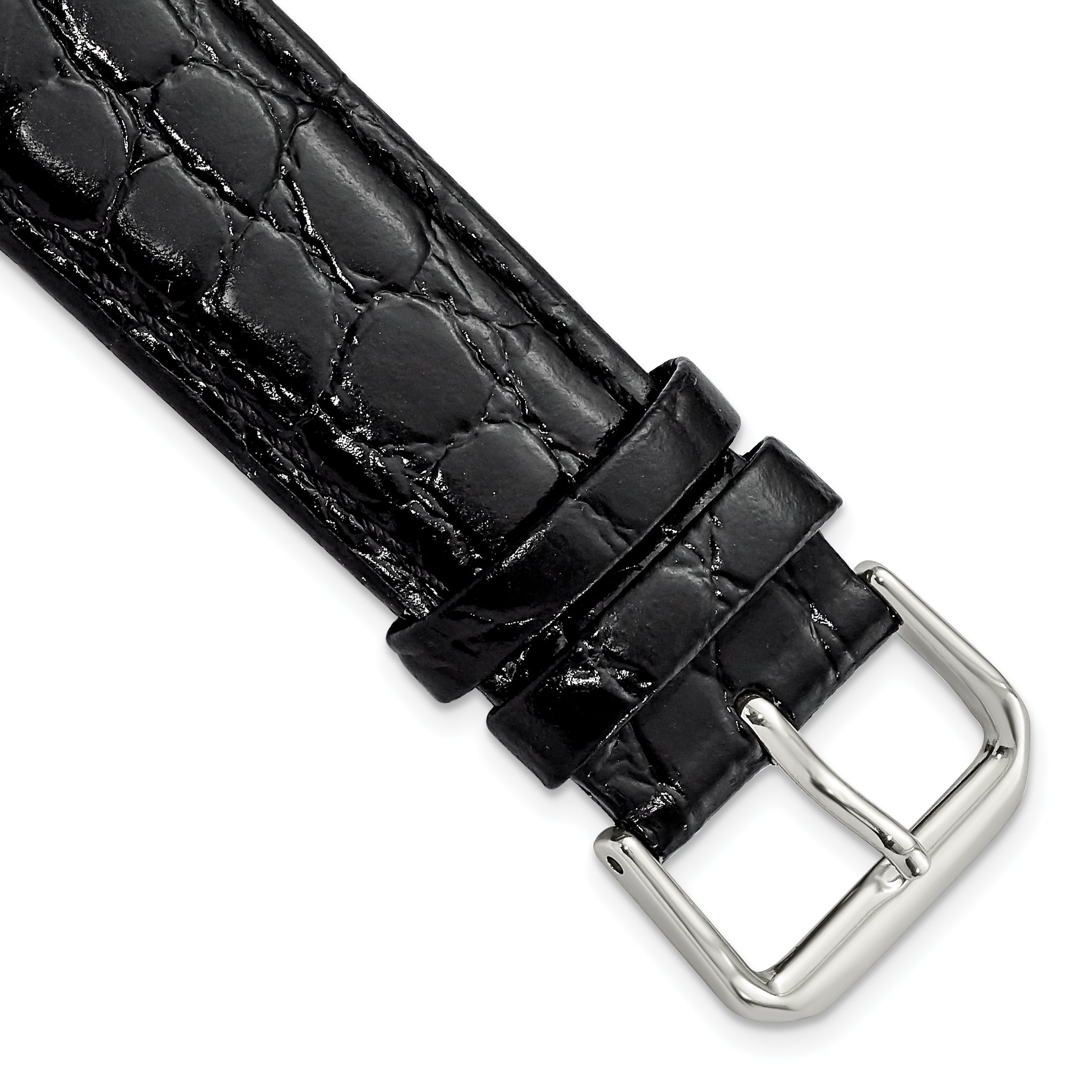 20mm Short Black Alligator Grain Leather with Silver-tone Buckle 6.75 inch Watch Band
