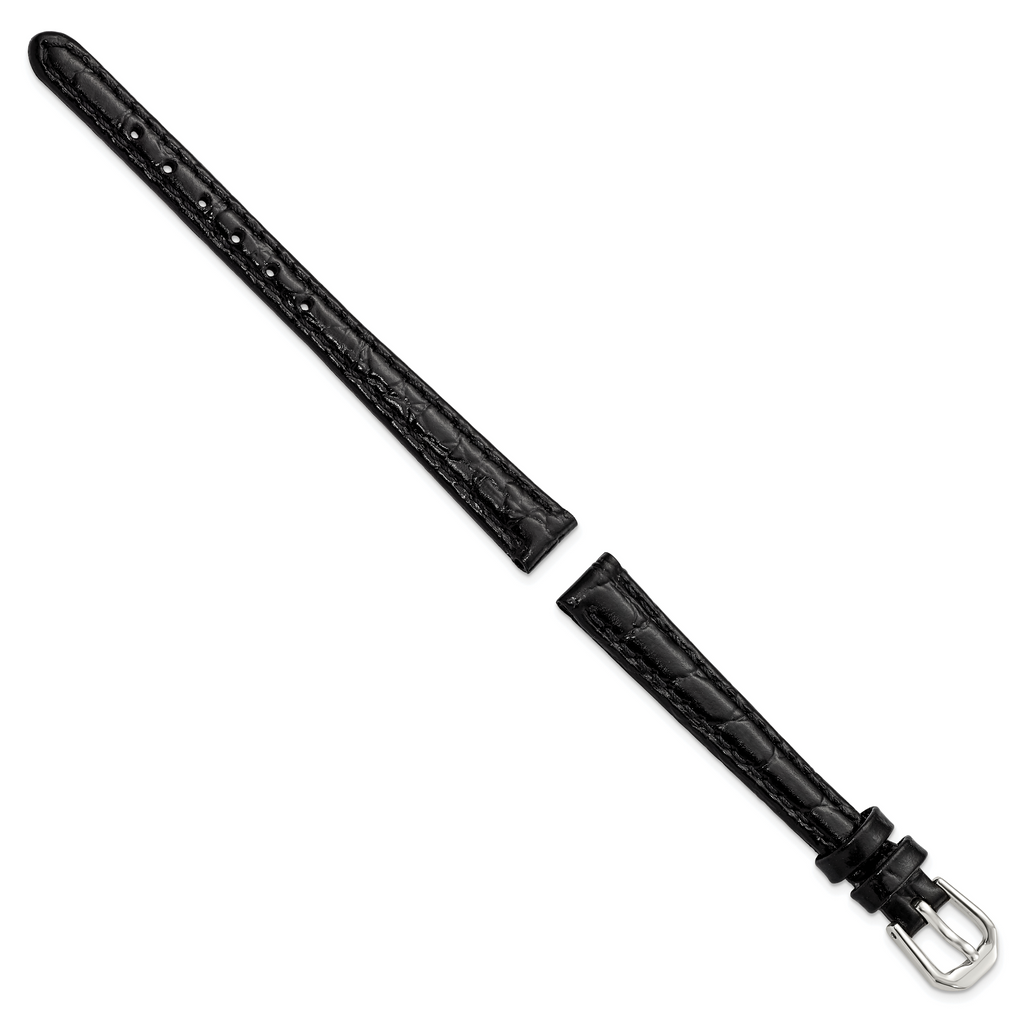 10mm Black Alligator Grain Leather with Silver-tone Buckle 6.75 inch Watch Band