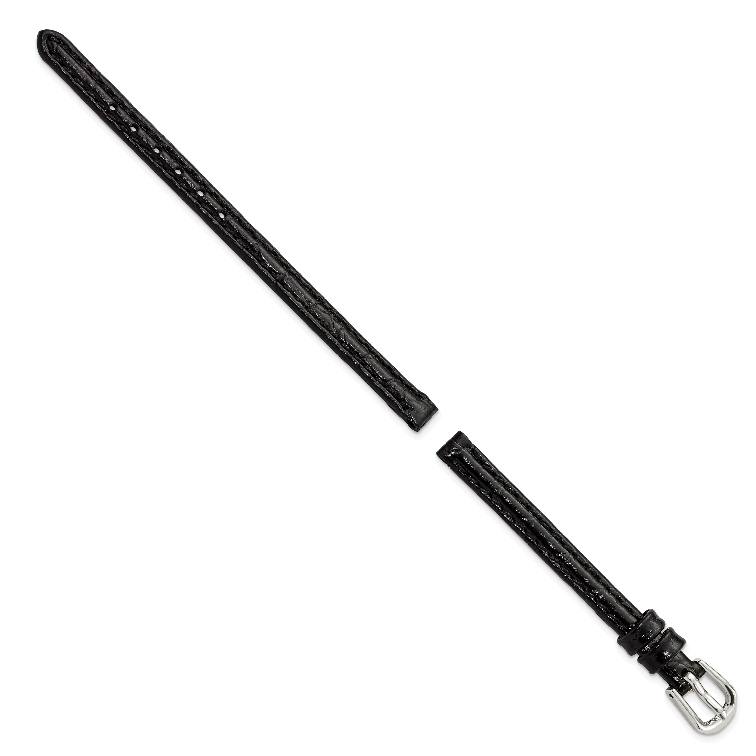 6mm Black Alligator Grain Leather with Silver-tone Buckle 6.75 inch Watch Band