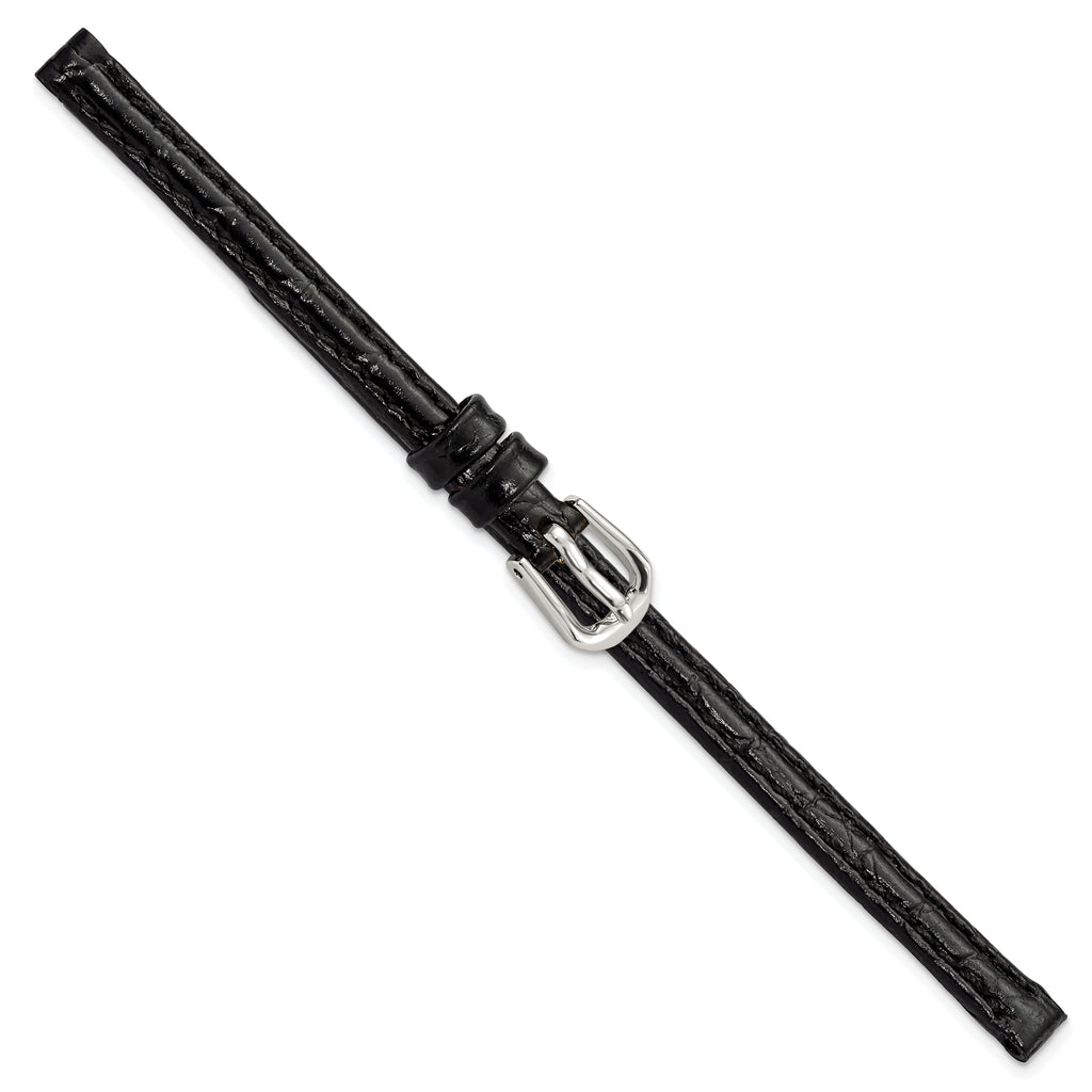 6mm Black Alligator Grain Leather with Silver-tone Buckle 6.75 inch Watch Band