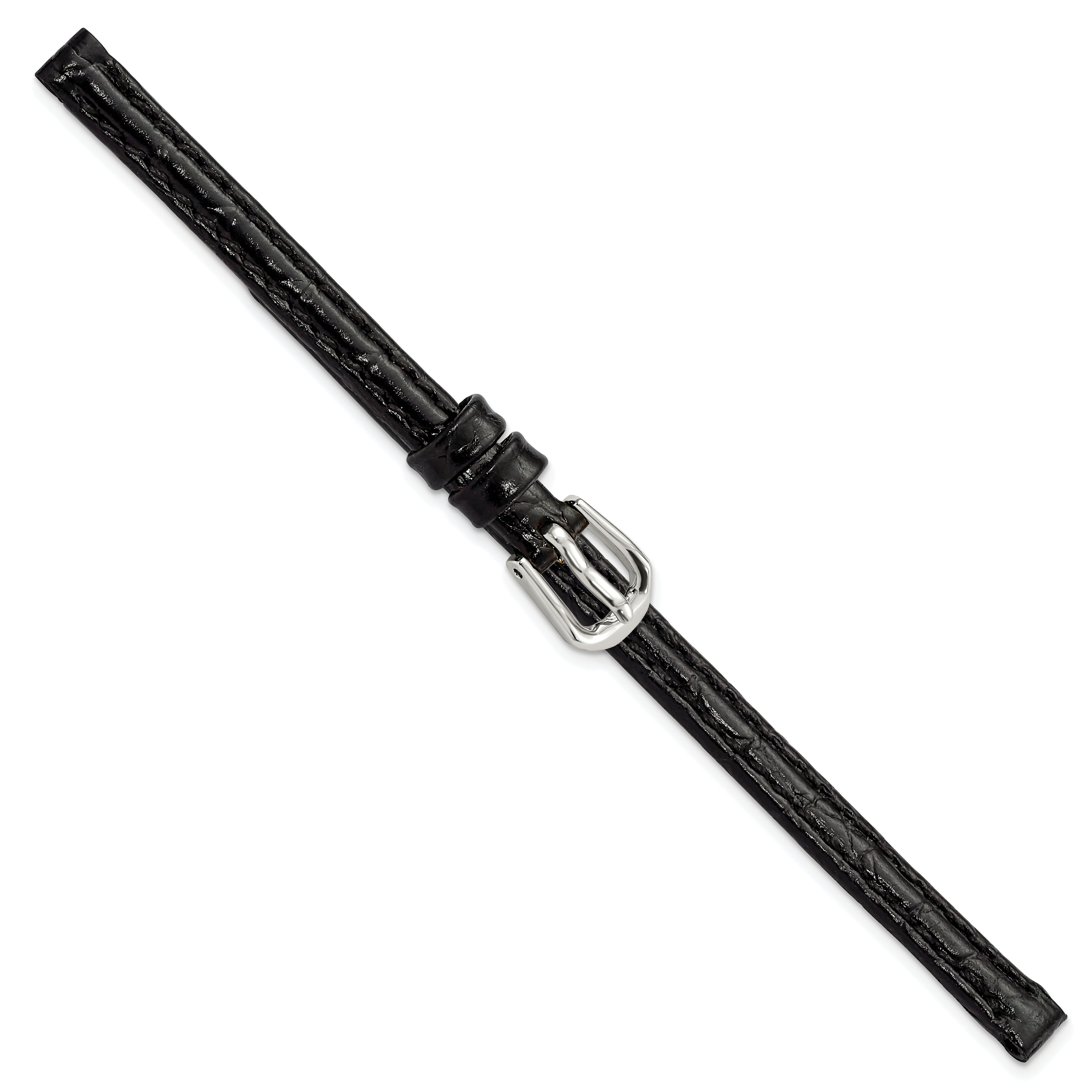 6mm Black Alligator Grain Leather with Silver-tone Buckle 6.75 inch Watch Band