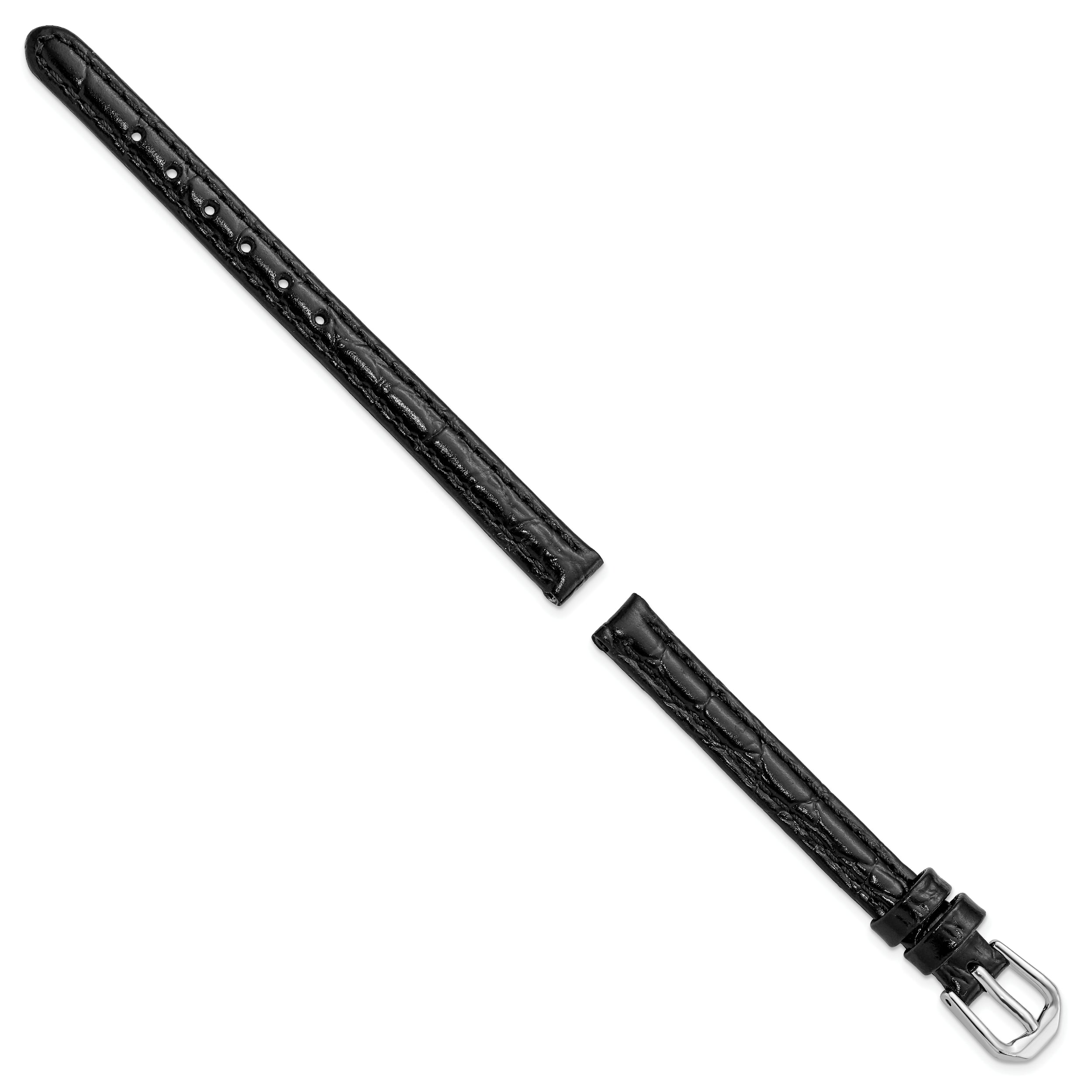 8mm Black Alligator Grain Leather with Silver-tone Buckle 6.75 inch Watch Band