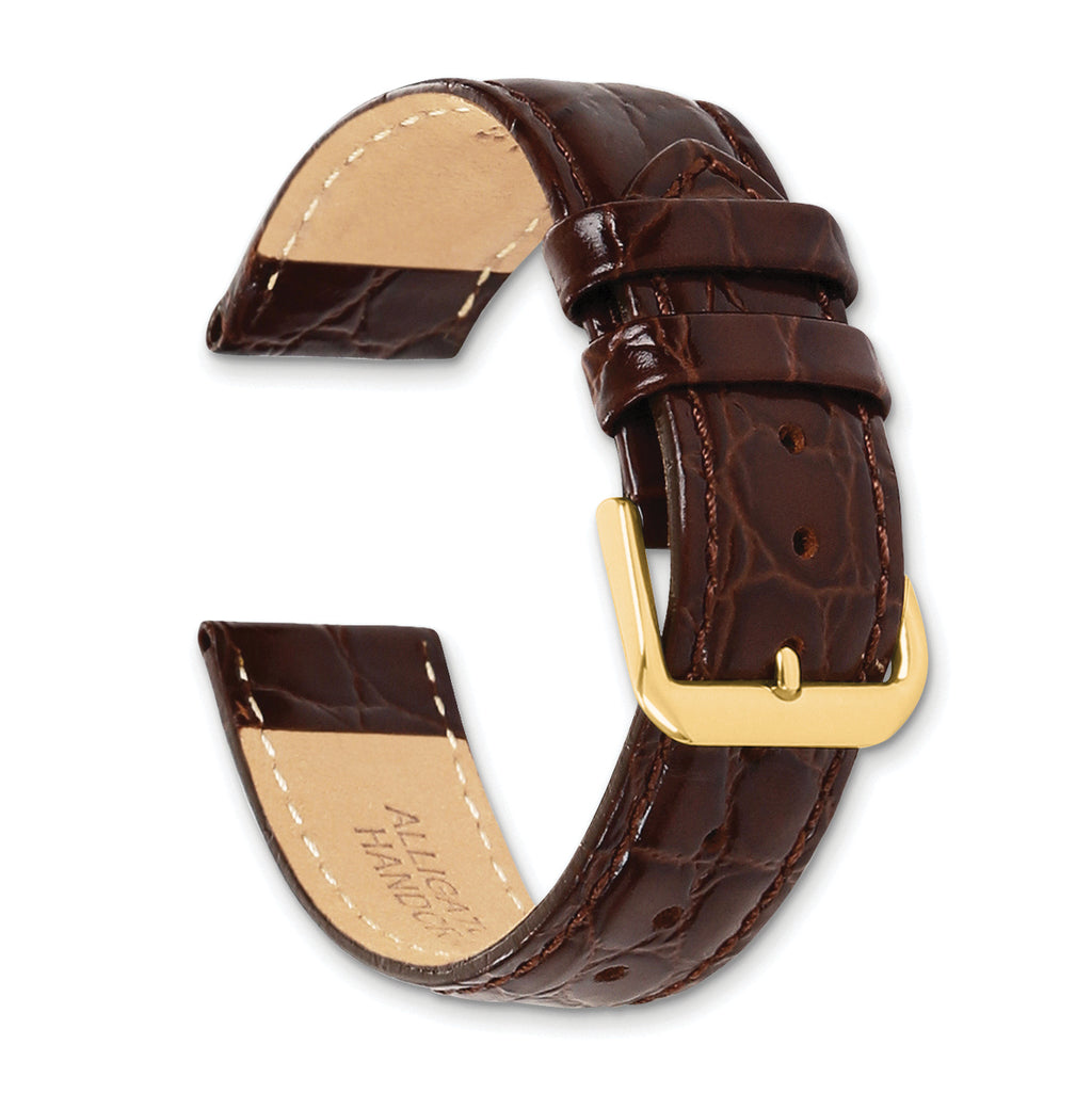 16mm Short Brown Alligator Grain Leather with Gold-tone Buckle 6.75 inch Watch Band