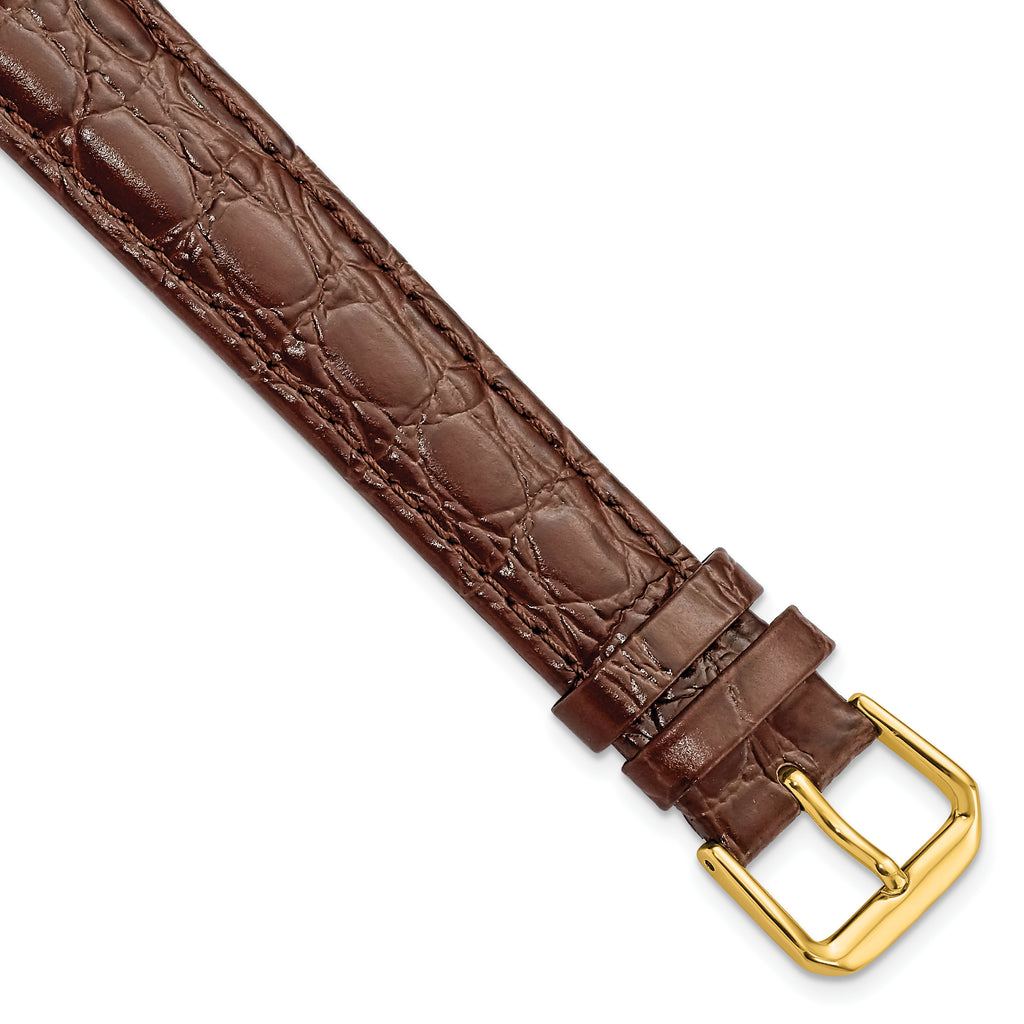 16mm Extra Long Brown Alligator Grain Leather with Gold-tone Buckle 9.5 inch Watch Band