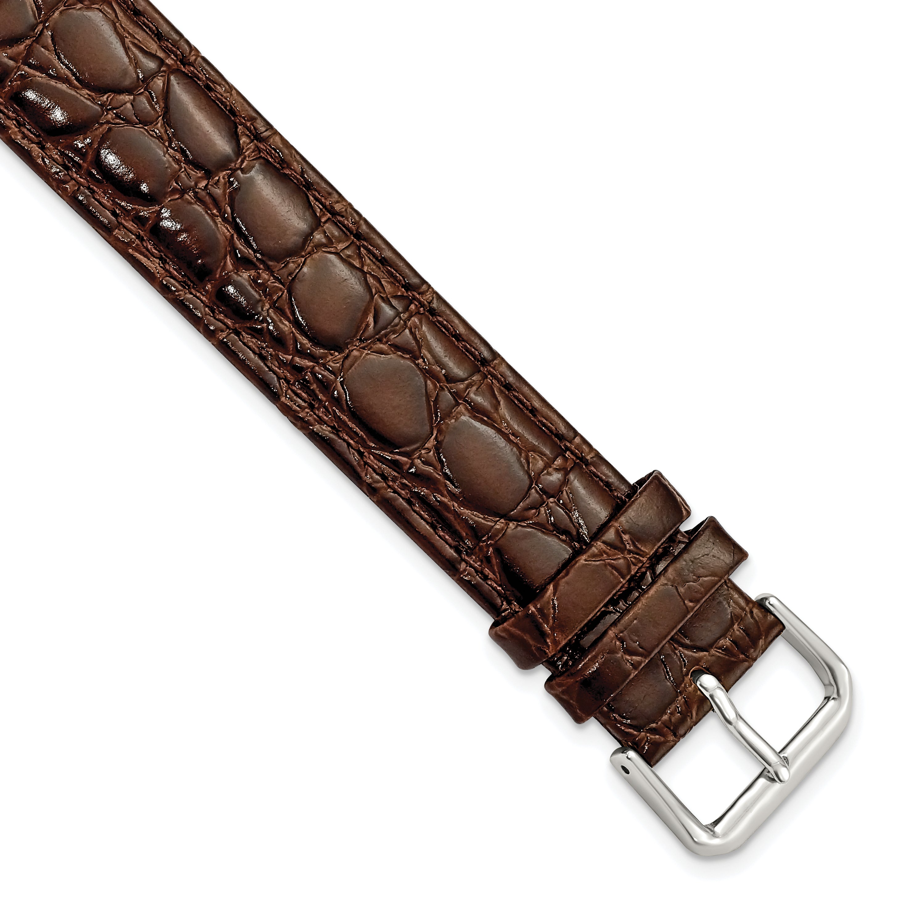 19mm Extra Long Brown Alligator Grain Leather with Silver-tone Buckle 9.5 inch Watch Band