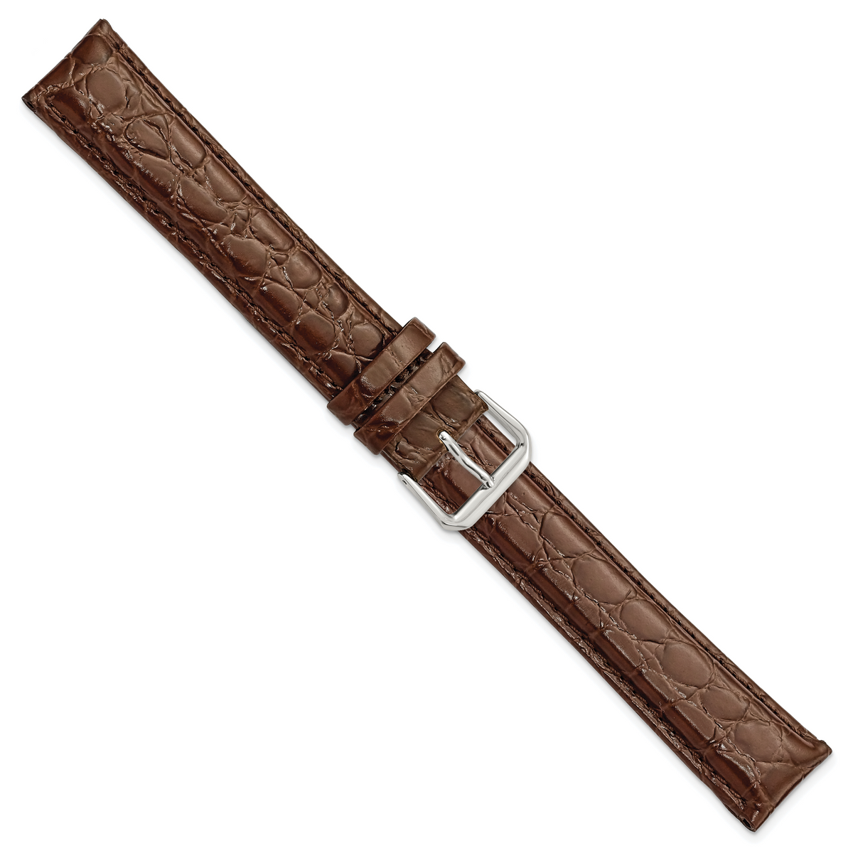 DeBeer 20mm Extra Long Brown Alligator Grain Leather with Silver-tone Buckle 9.5 inch Watch Band