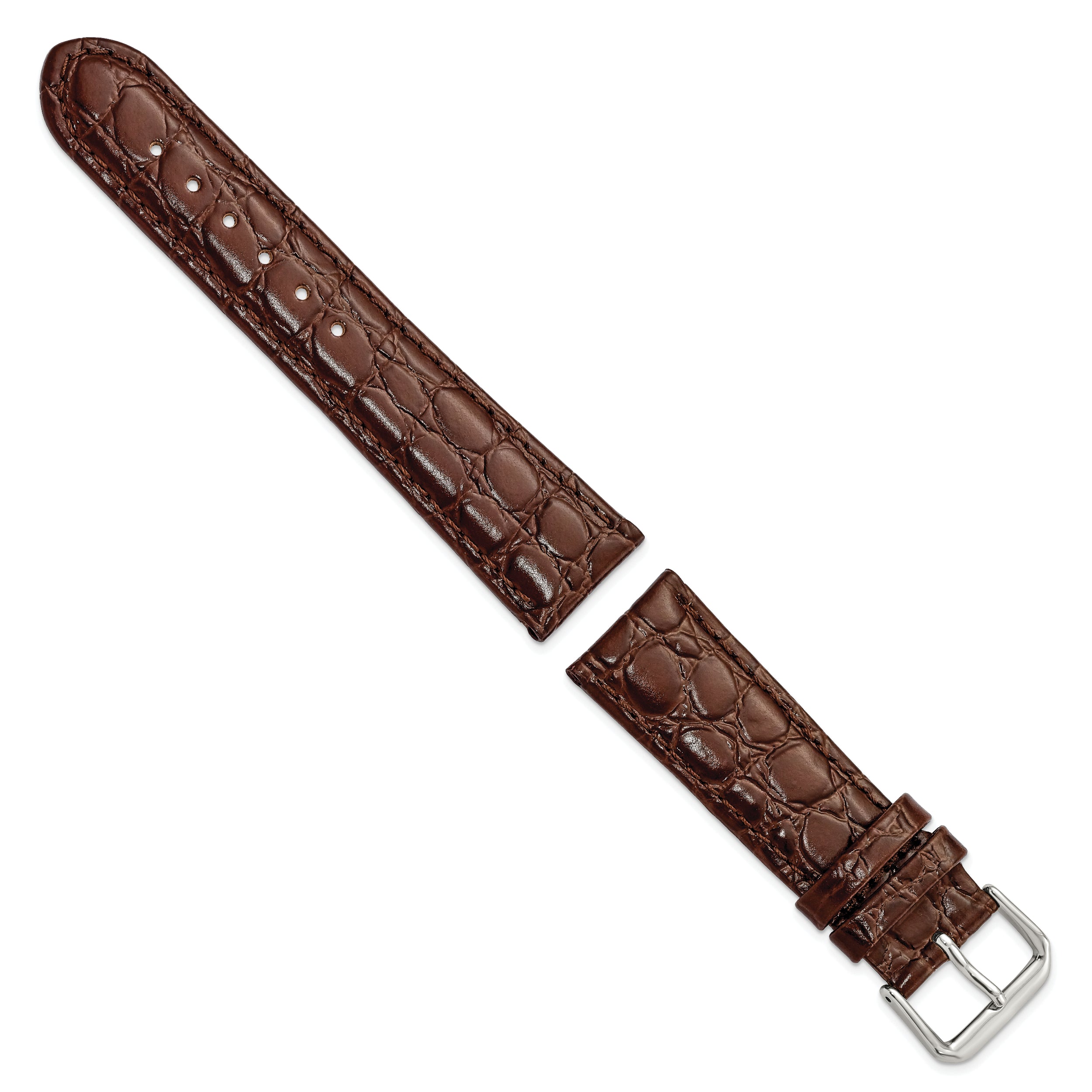 20mm Short Brown Alligator Grain Leather with Silver-tone Buckle 6.75 inch Watch Band