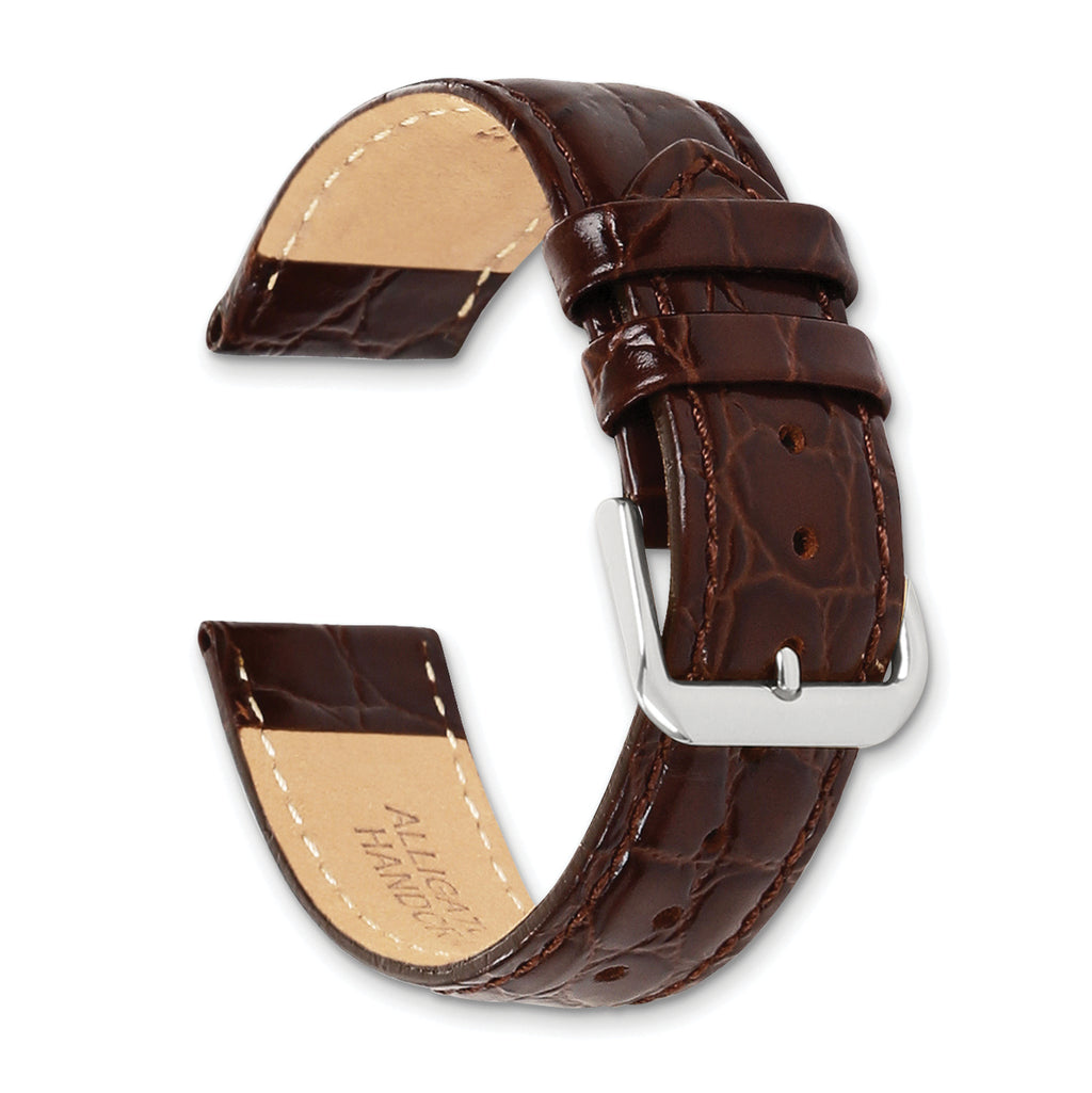 16mm Short Brown Alligator Grain Leather with Silver-tone Buckle 6.75 inch Watch Band