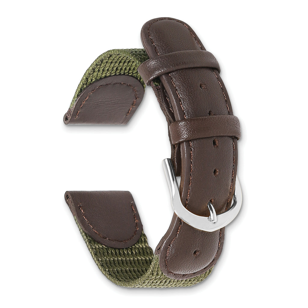 16mm Olive Army Style Nylon and Brown Leather with Stainless Steel Buckle and Quick Release Spring Bars 7.75 inch Watch Band