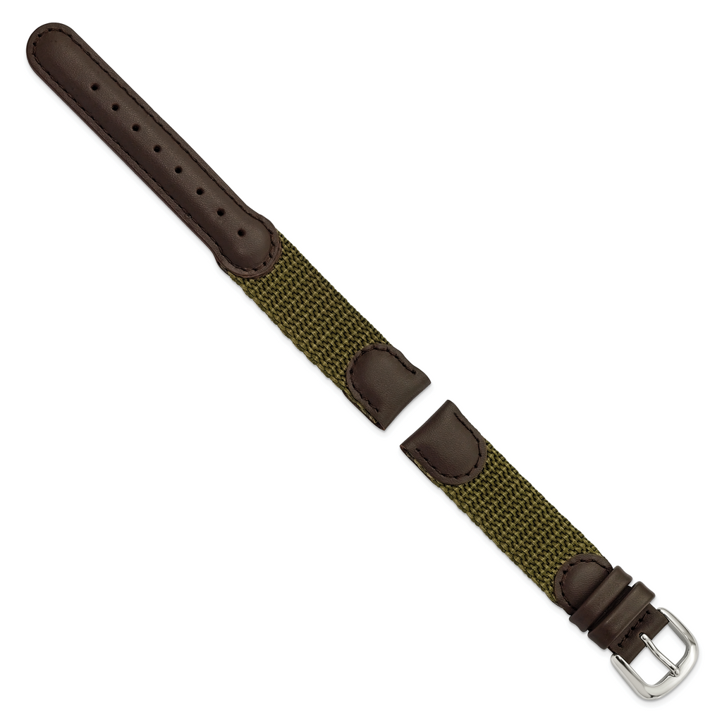 16mm Olive Army Style Nylon and Brown Leather with Stainless Steel Buckle and Quick Release Spring Bars 7.75 inch Watch Band