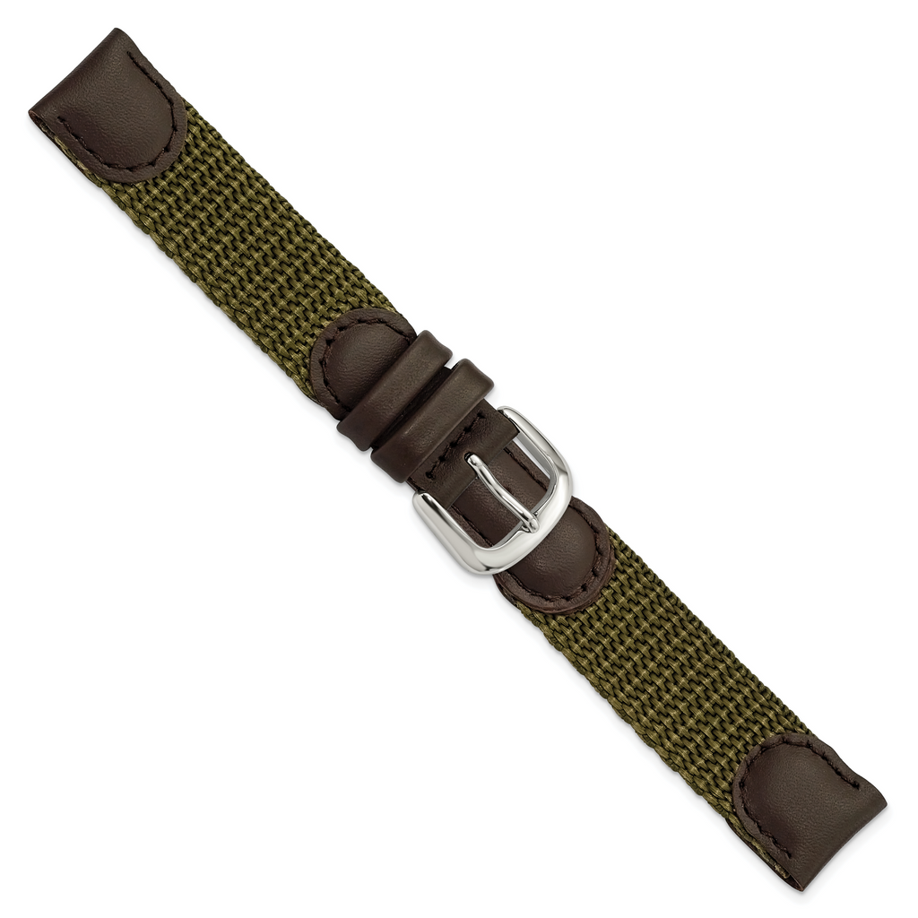 16mm Olive Army Style Nylon and Brown Leather with Stainless Steel Buckle and Quick Release Spring Bars 7.75 inch Watch Band