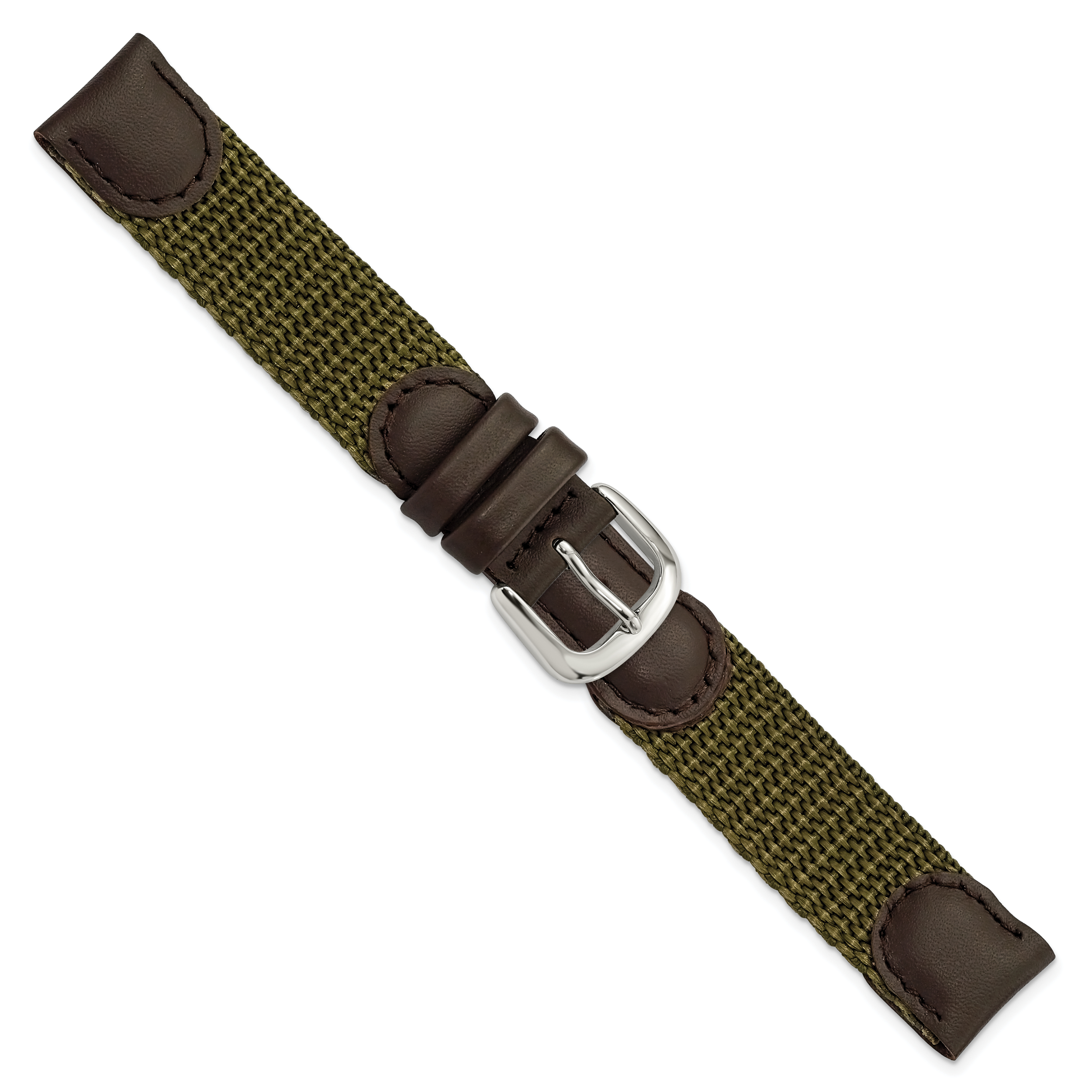 16mm Olive Army Style Nylon and Brown Leather with Stainless Steel Buckle and Quick Release Spring Bars 7.75 inch Watch Band