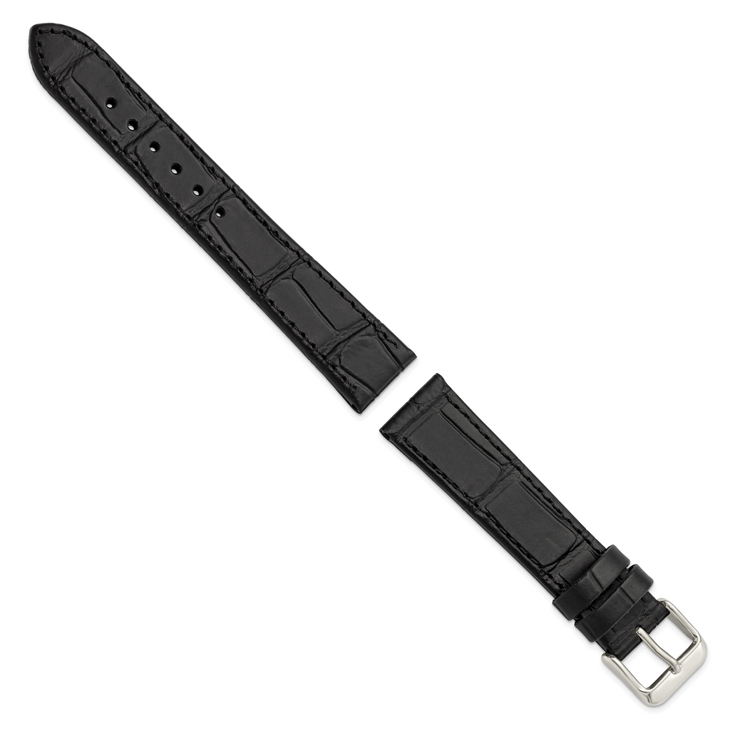 Black 18mm Matte Gator Grain Calfskin Leather with Stainless Steel Buckle 7.75 inch Watch Band