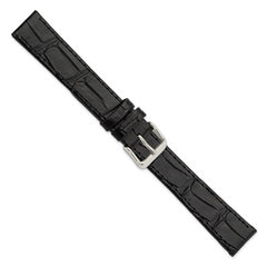 18mm Extra-Long Black Matte Gator Grain Calfskin Leather with Stainless Steel Buckle 8.25 inch Watch Band