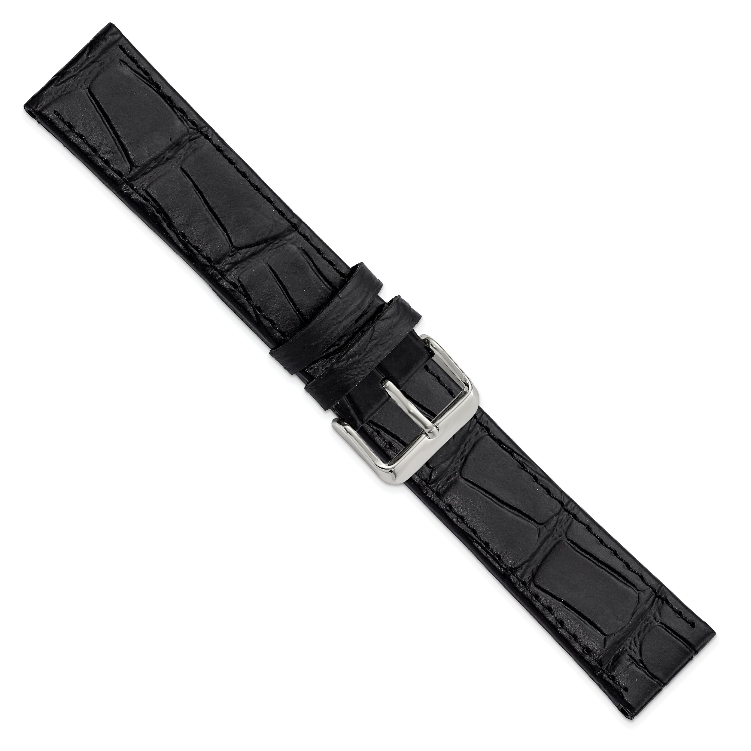 22mm X-Long Black Matte Gator Grain Calfskin Leather with Stainless Steel Buckle 8.25 inch Watch Band