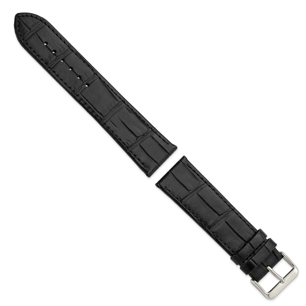 Black Calfskin Leather Watch Band with Silver-Tone Buckle 24mm