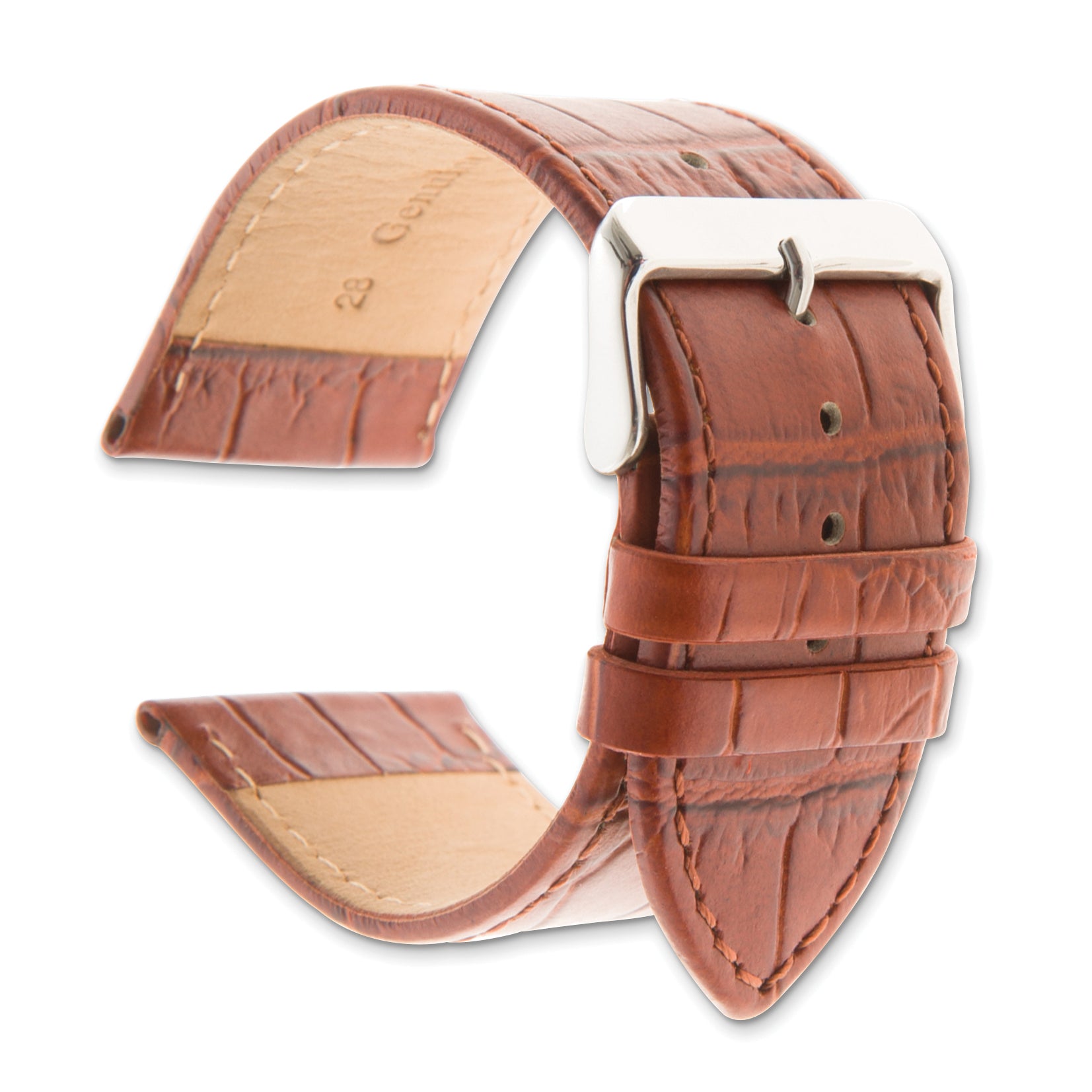 28mm Light Brown Matte Gator Grain Calfskin Leather with Stainless Steel Buckle 7.75 inch Watch Band
