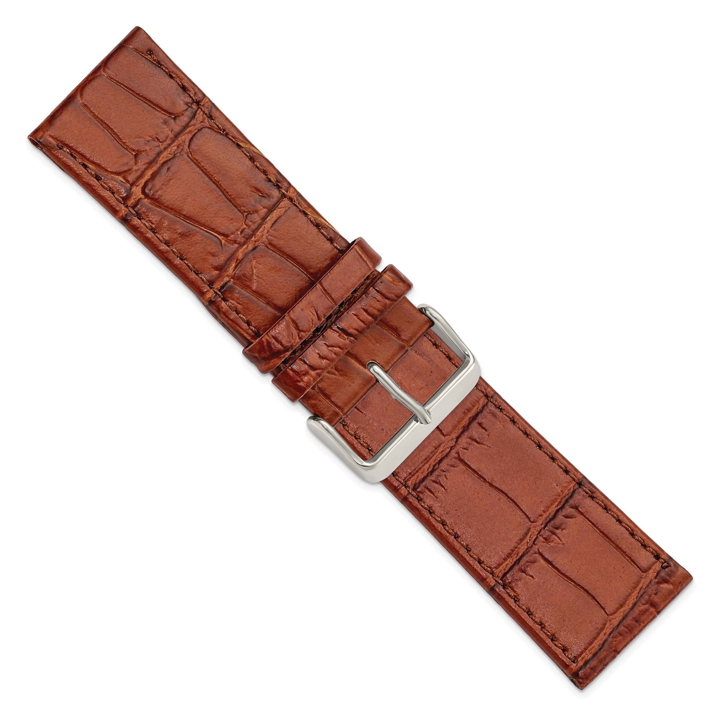 28mm Light Brown Matte Gator Grain Calfskin Leather with Stainless Steel Buckle 7.75 inch Watch Band