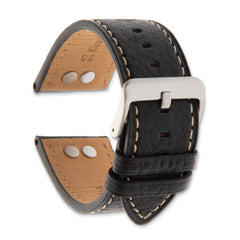 22mm Black Flat Stitched Calfskin Leather with Studs and Stainless Steel Buckle 8 inch Watch Band