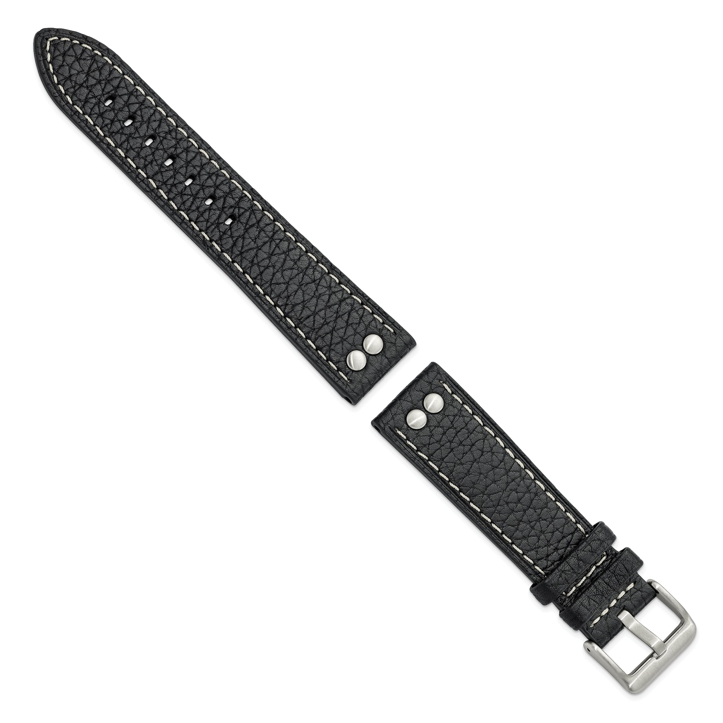 22mm Black Flat Stitched Calfskin Leather with Studs and Stainless Steel Buckle 8 inch Watch Band