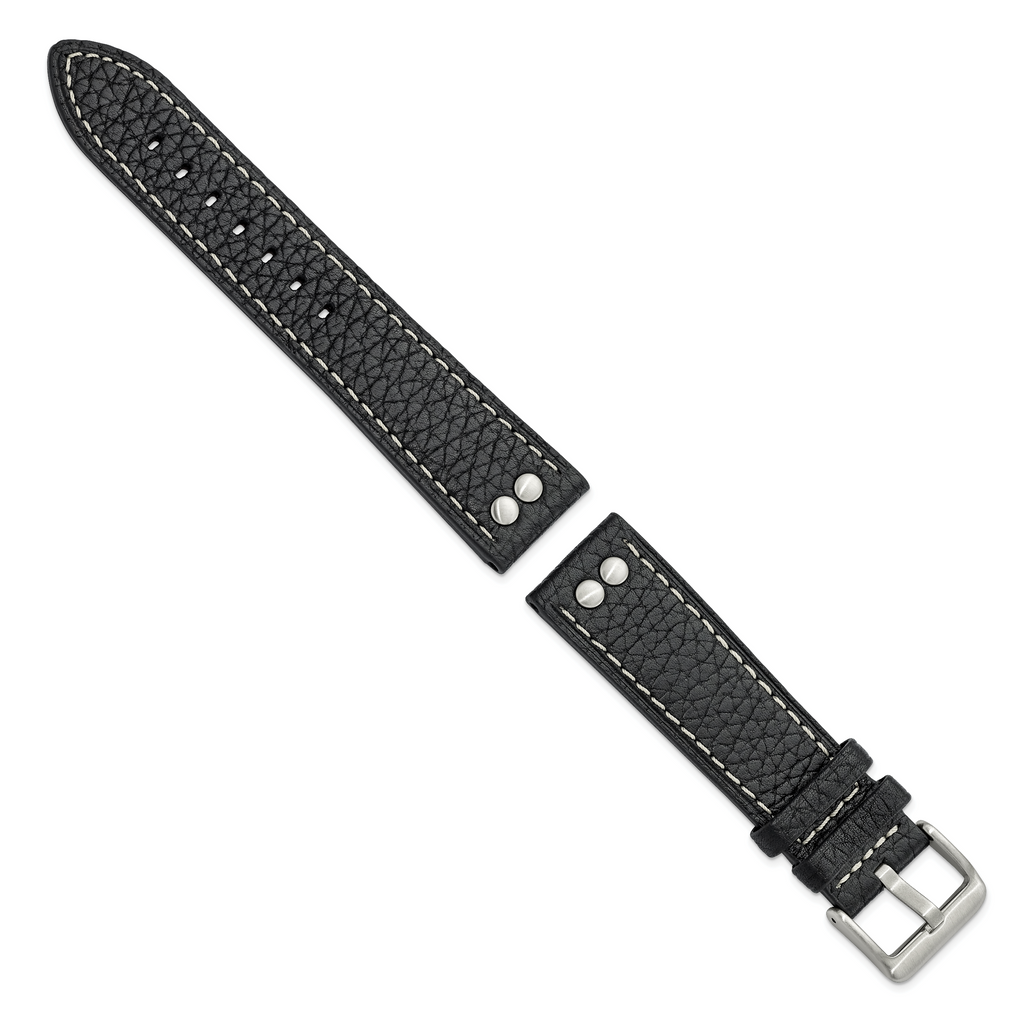 22mm Black Flat Stitched Calfskin Leather with Studs and Stainless Steel Buckle 8 inch Watch Band