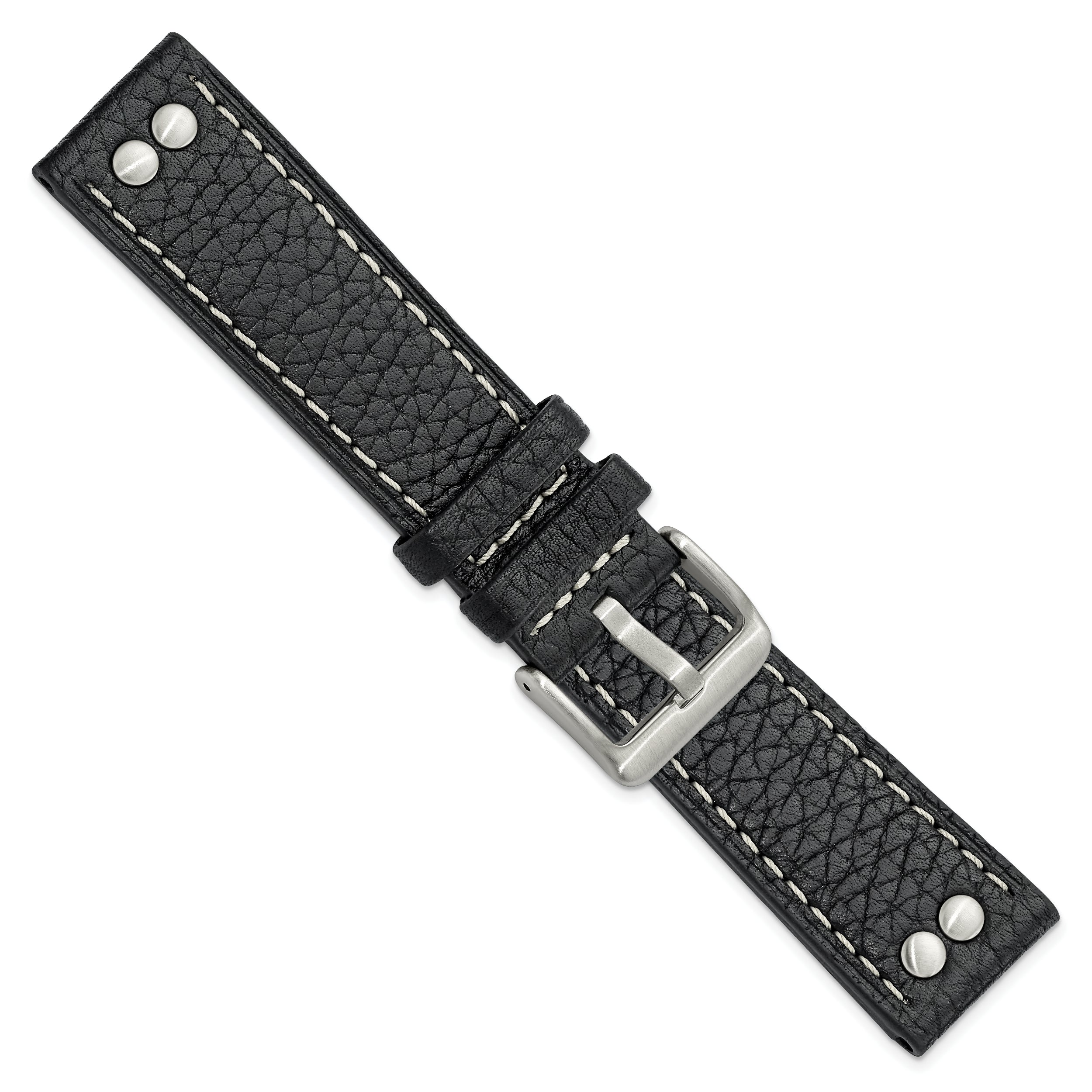 22mm Black Flat Stitched Calfskin Leather with Studs and Stainless Steel Buckle 8 inch Watch Band
