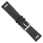 22mm Black Flat Stitched Calfskin Leather with Studs and Stainless Steel Buckle 8 inch Watch Band