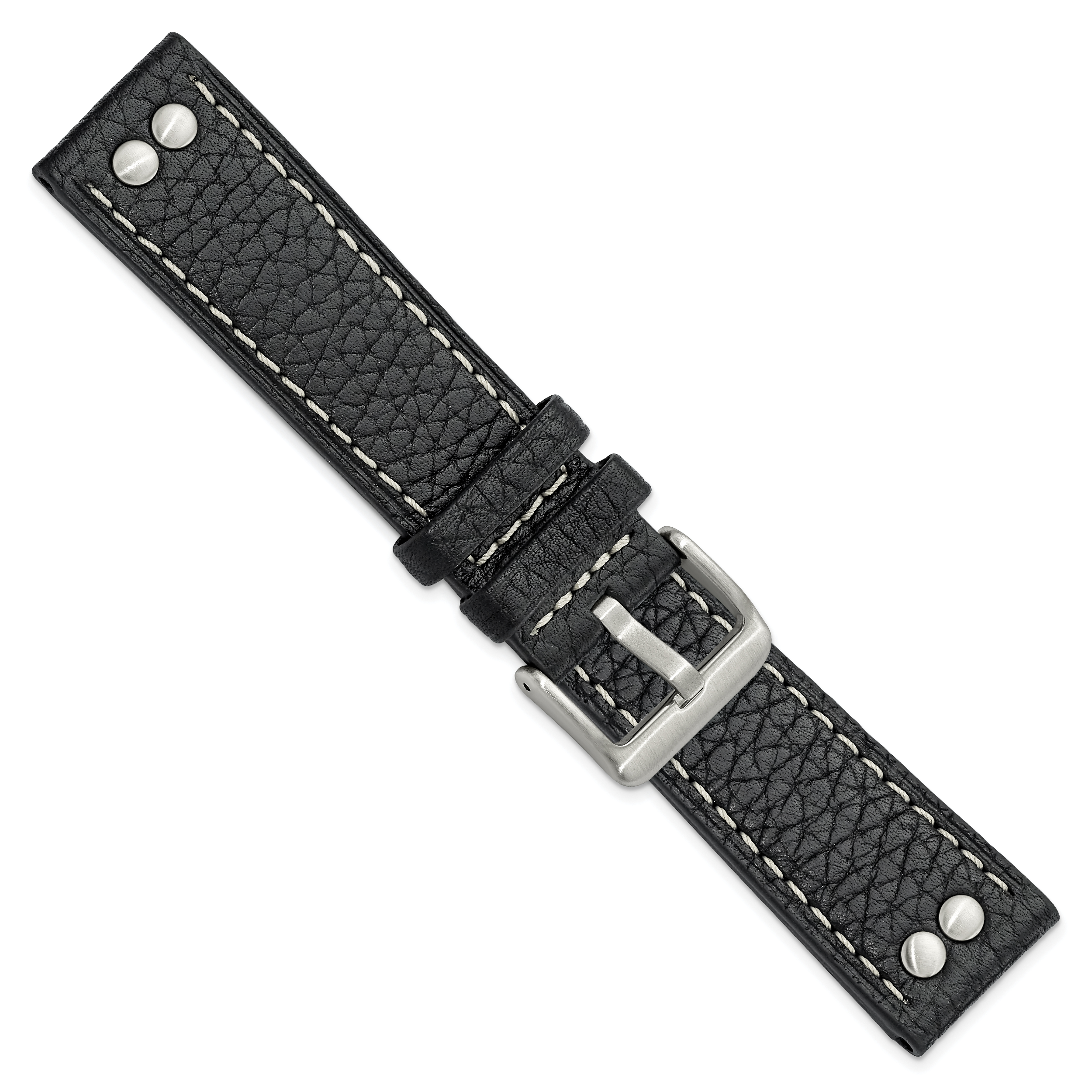 22mm Black Flat Stitched Calfskin Leather with Studs and Stainless Steel Buckle 8 inch Watch Band