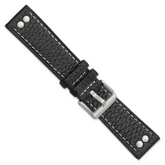 22mm Black Flat Stitched Calfskin Leather with Studs and Stainless Steel Buckle 8 inch Watch Band