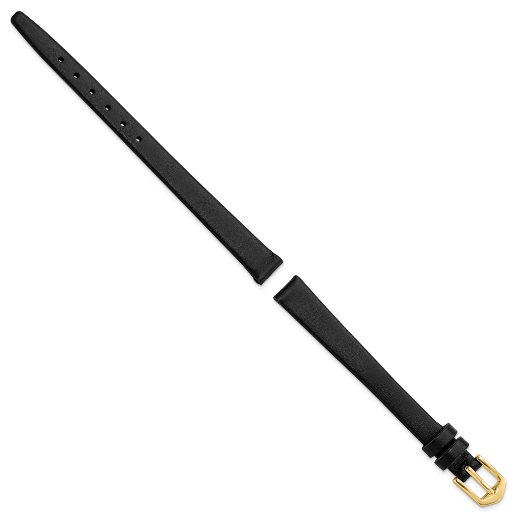 10mm Long Black Calfskin Leather with Gold-tone Aluminum Buckle 7.8 inch Watch Band