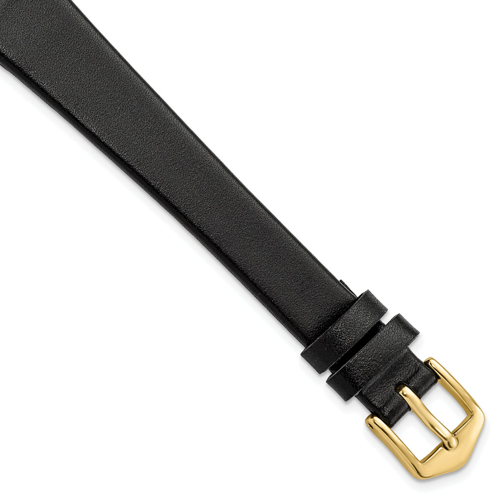 10mm Long Black Calfskin Leather with Gold-tone Aluminum Buckle 7.8 inch Watch Band