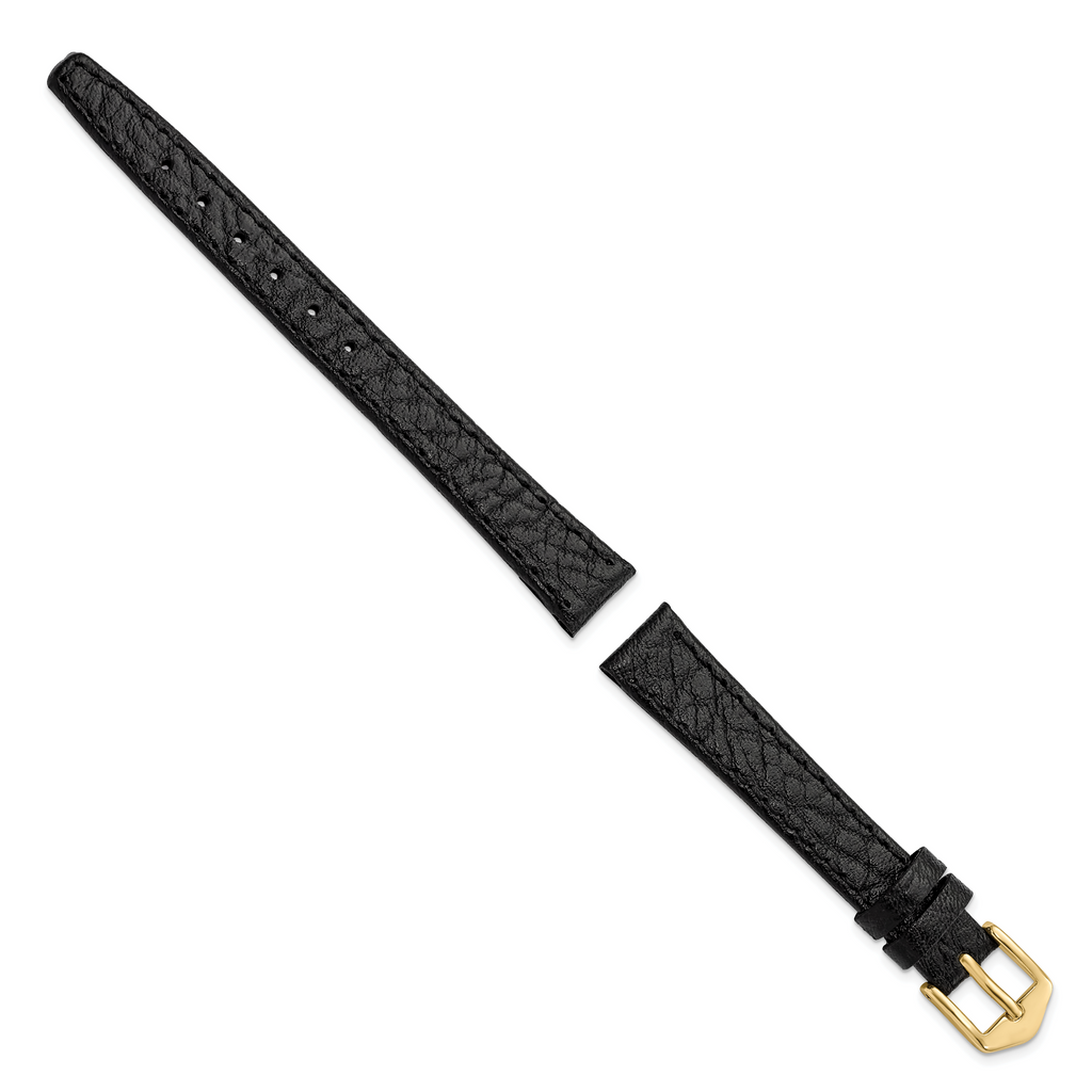 12mm Black Buffalo Grain Calfskin Leather with Gold-tone Aluminum Buckle 6.6 inch Watch Band