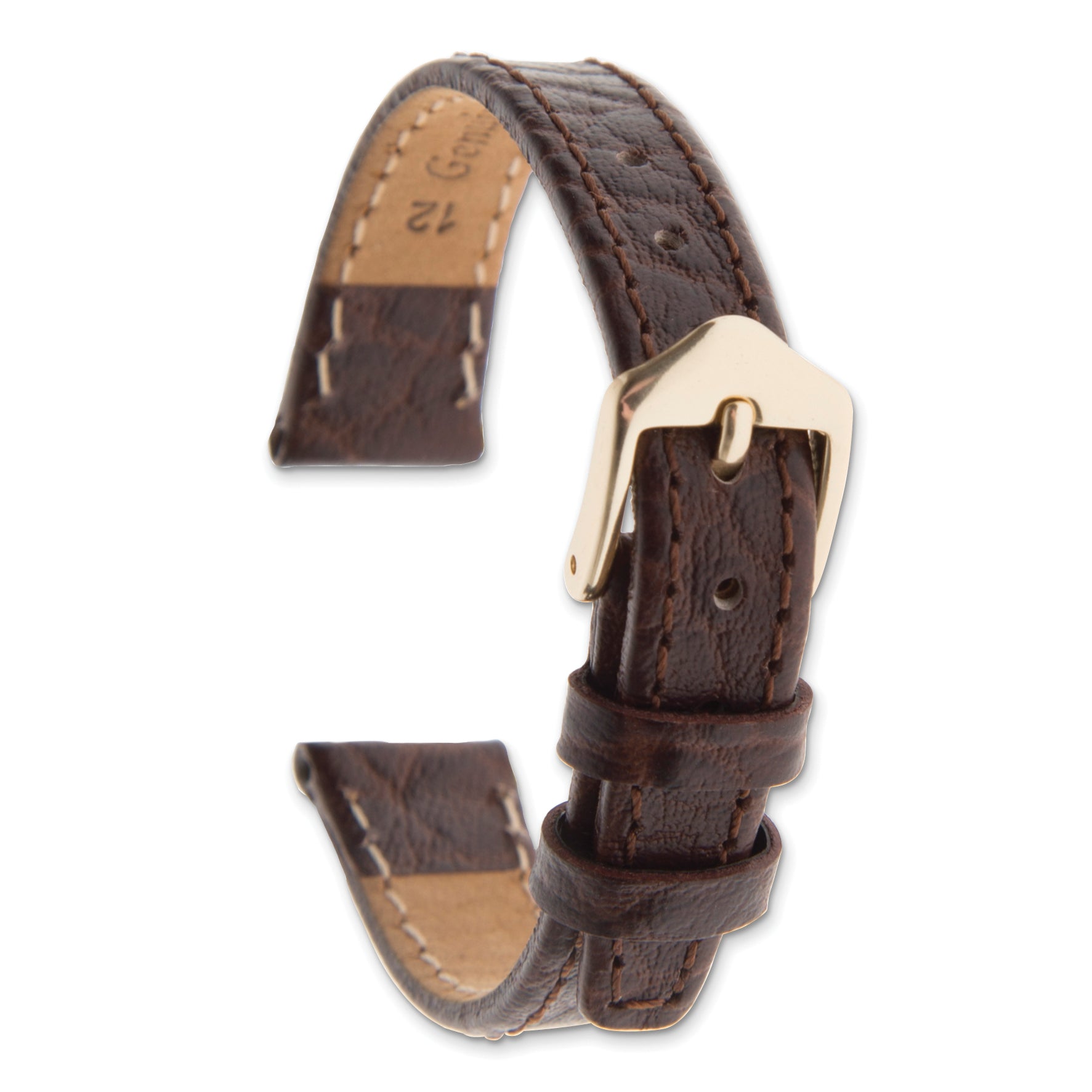 12mm Dark Brown Buffalo Grain Calfskin Leather with Gold-tone Aluminum Buckle 6.6 inch Watch Band