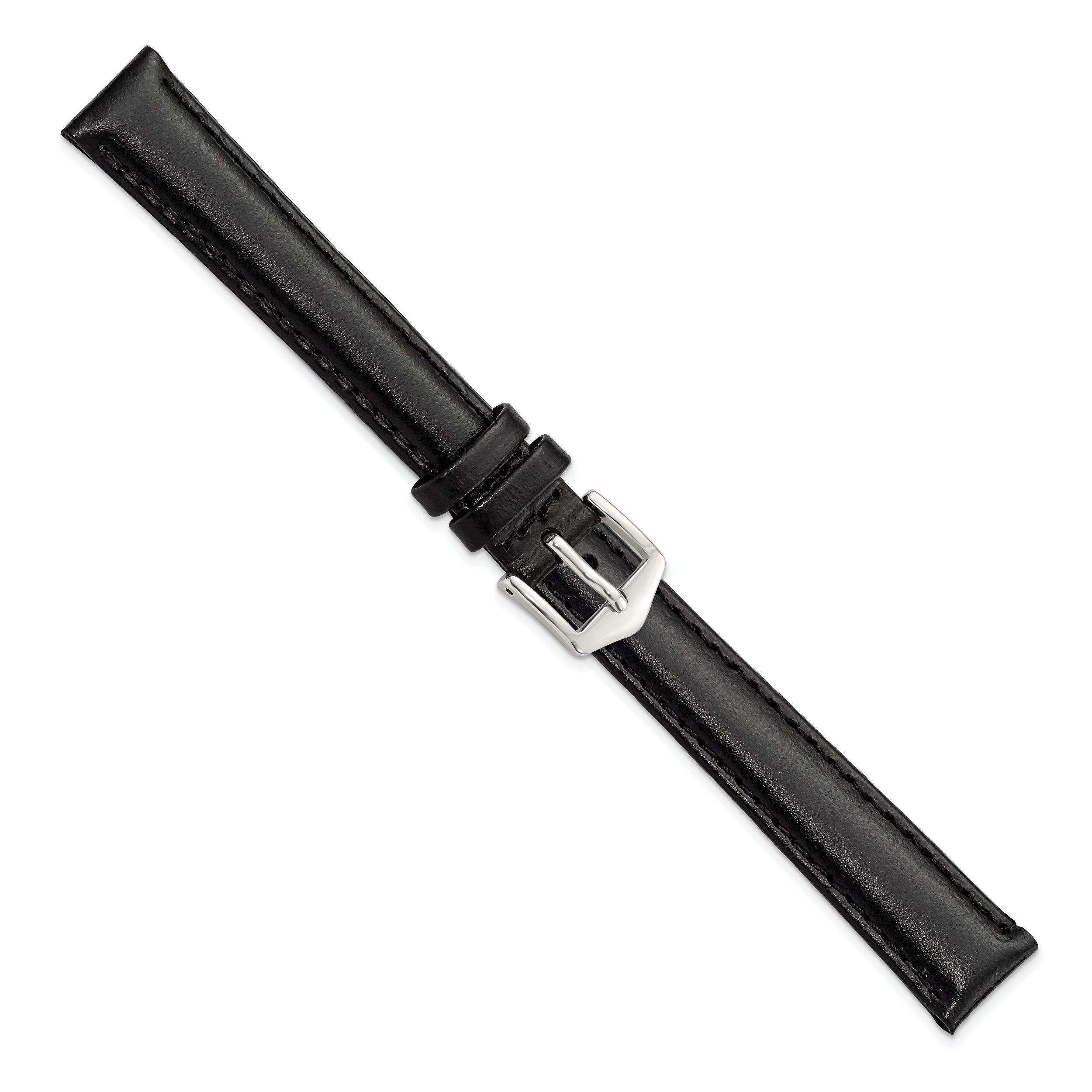 14mm Long Black Oilskin Leather with Stainless Steel Buckle 7.4 inch Watch Band