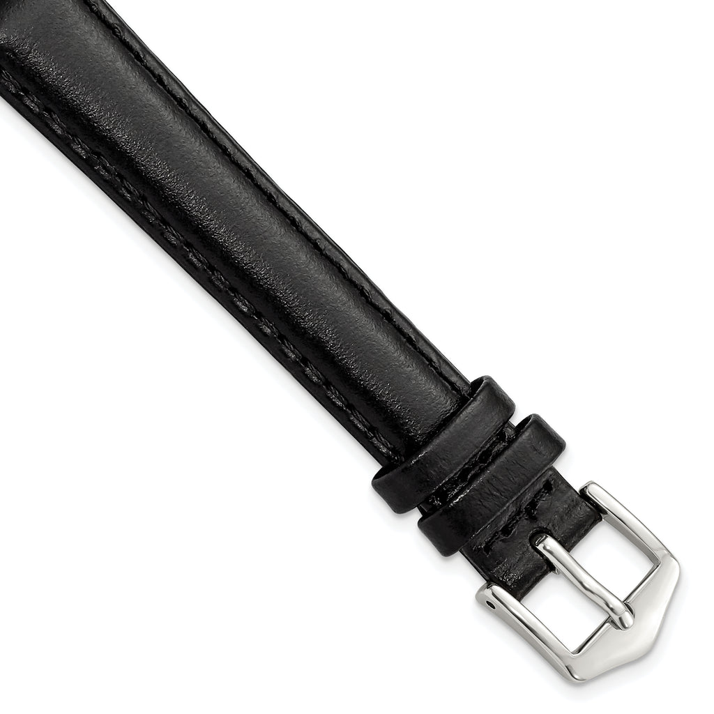 12mm Long Black Oilskin Leather with Stainless Steel Buckle 7.4 inch Watch Band